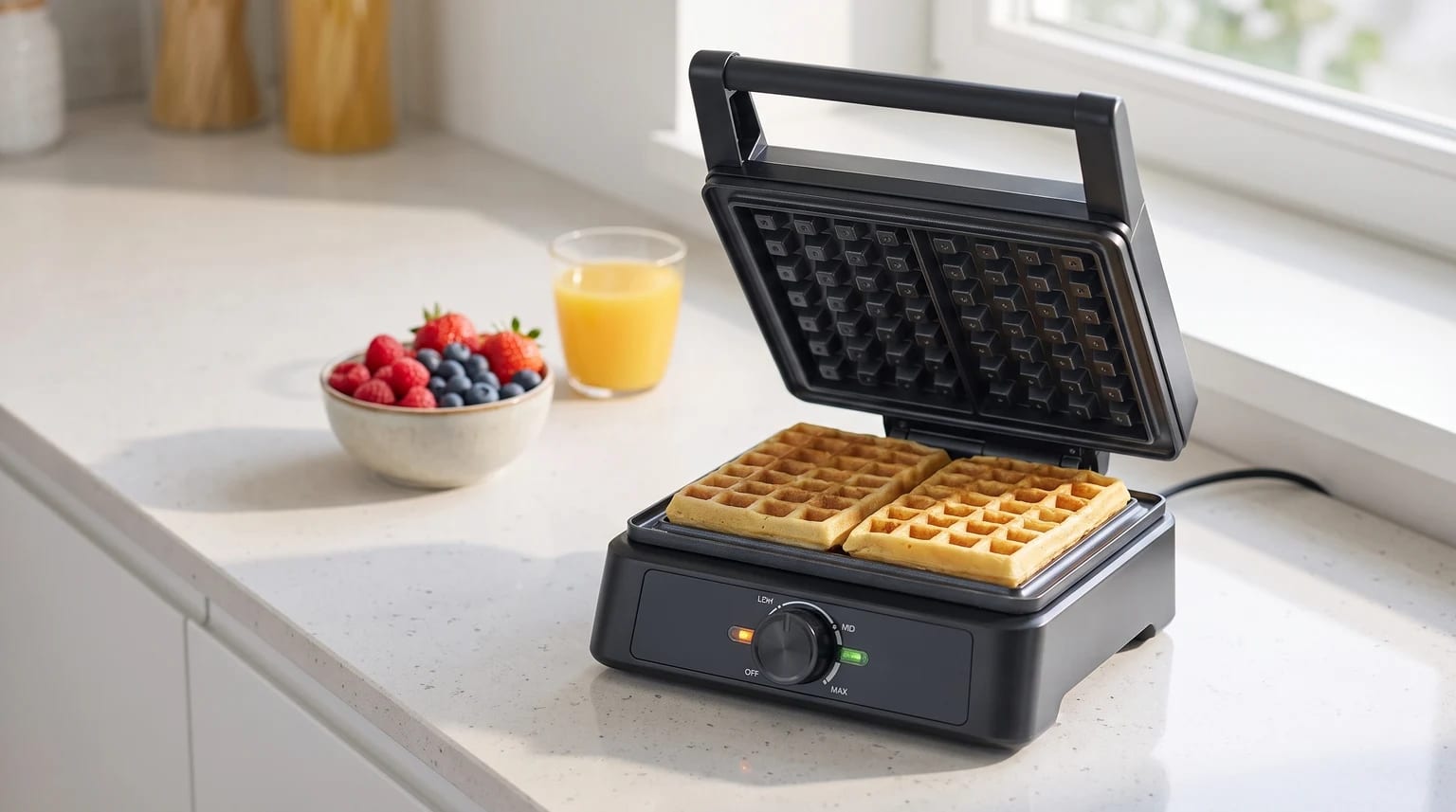 Máquina de fazer waffles preta aberta numa bancada de cozinha, com dois waffles acabados de fazer no interior, junto a uma taça com frutos vermelhos e um copo de sumo.