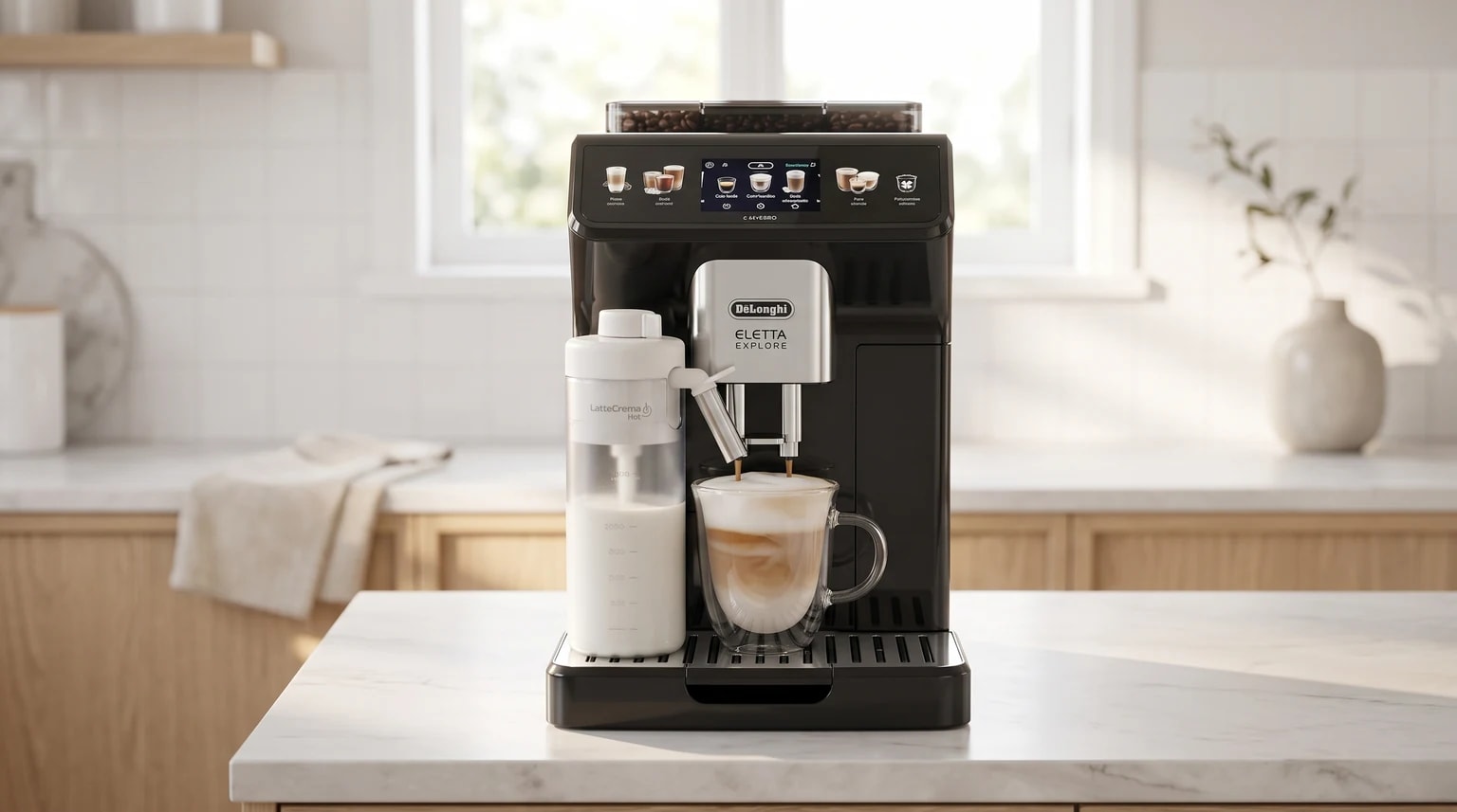 Máquina de café automática De'Longhi Eletta Explore a preparar um cappuccino numa chávena de vidro, sobre uma bancada de cozinha.