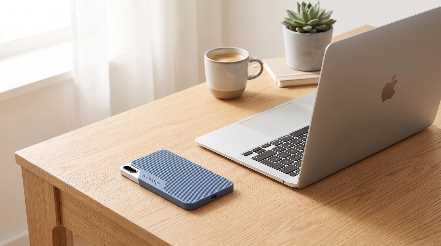 O SSD externo azul Intenso TX100 pousado numa secretária de madeira, ao lado de um computador portátil e de uma chávena de café.