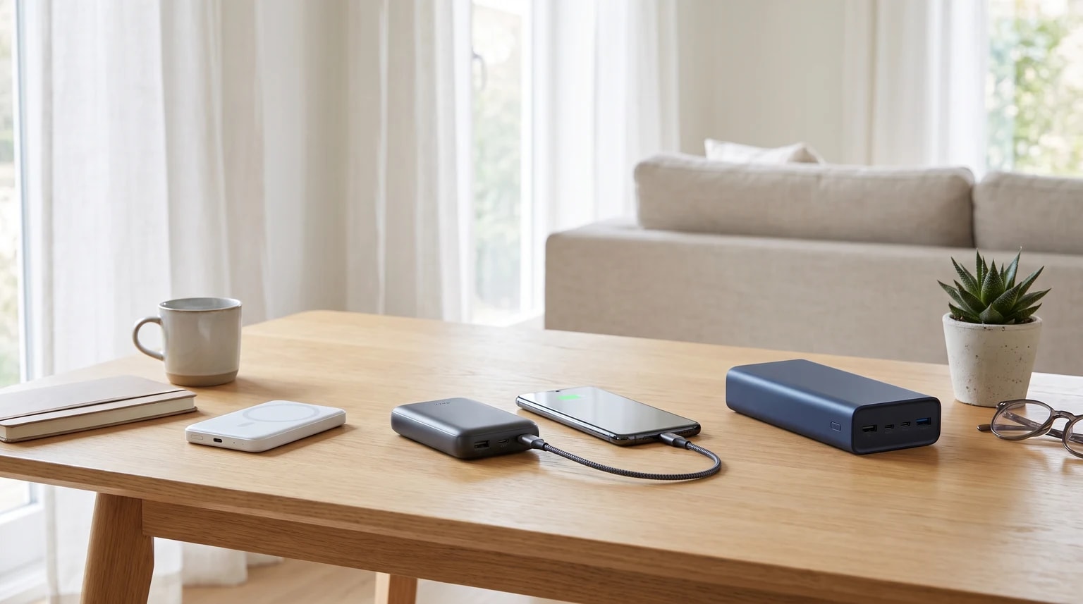 Um smartphone a carregar com uma powerbank numa mesa de madeira, ao lado de outras duas powerbanks, uma caneca e um caderno.