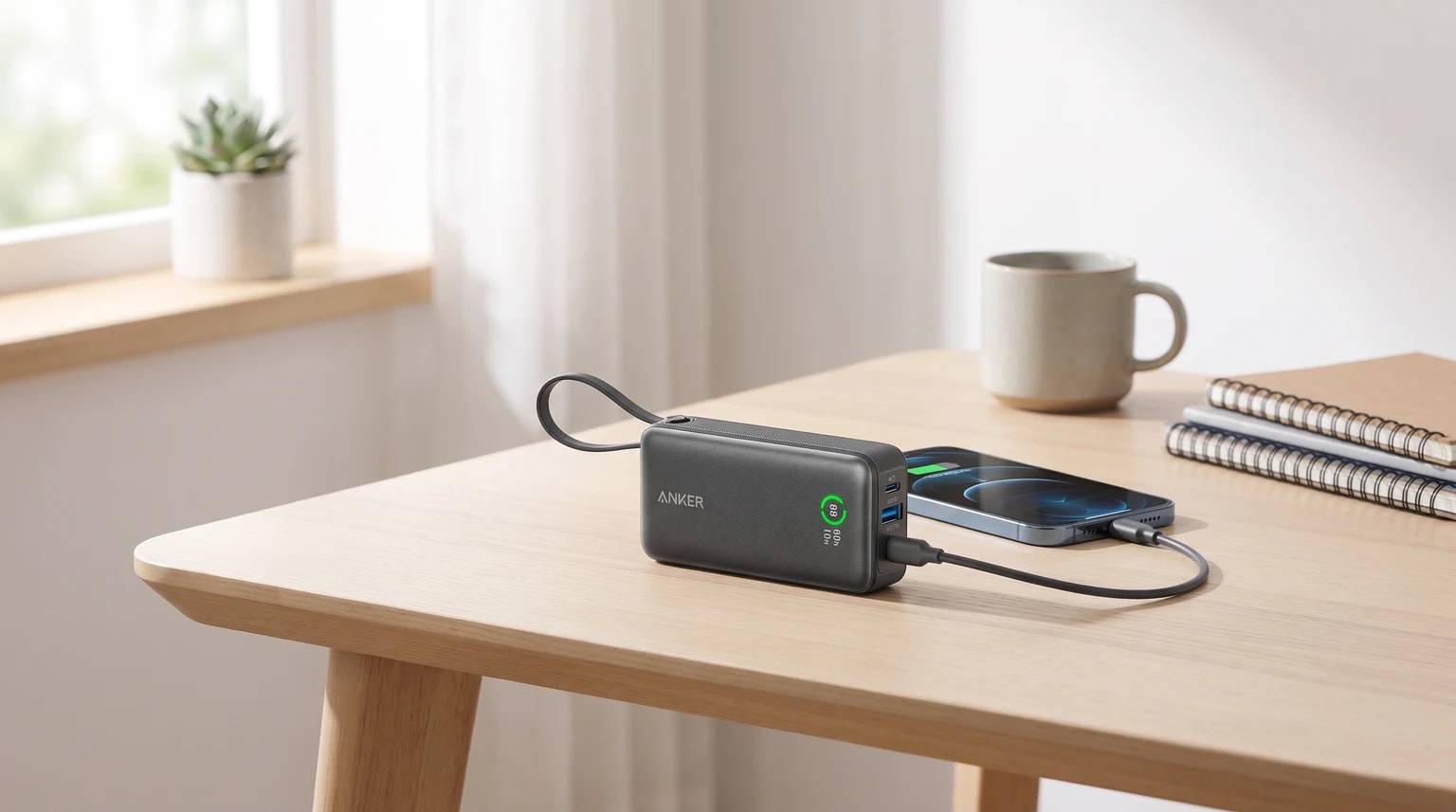 Uma powerbank cinzenta da Anker a carregar um smartphone numa secretária de madeira, ao lado de uma caneca e de cadernos.