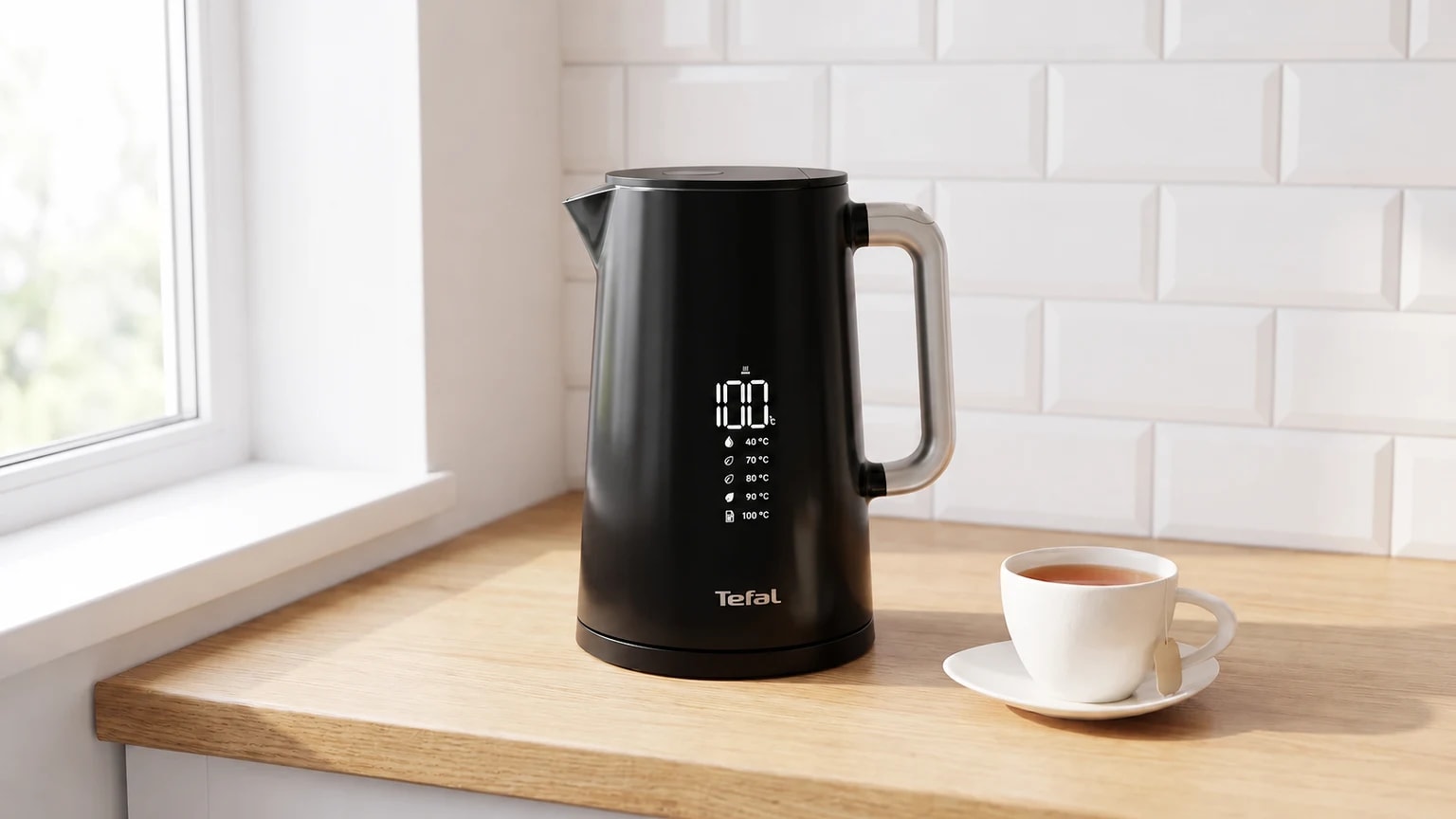Chaleira elétrica Tefal Smart N Light preta numa bancada de madeira clara, com o ecrã digital iluminado.