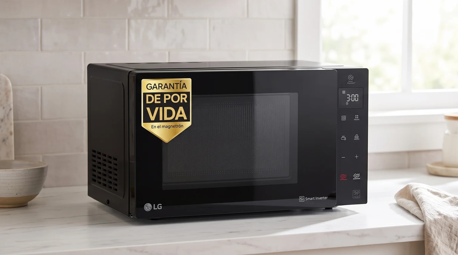 Micro-ondas LG preto sobre uma bancada de cozinha em mármore. A porta de vidro tem um autocolante dourado e o visor digital marca 3:00.