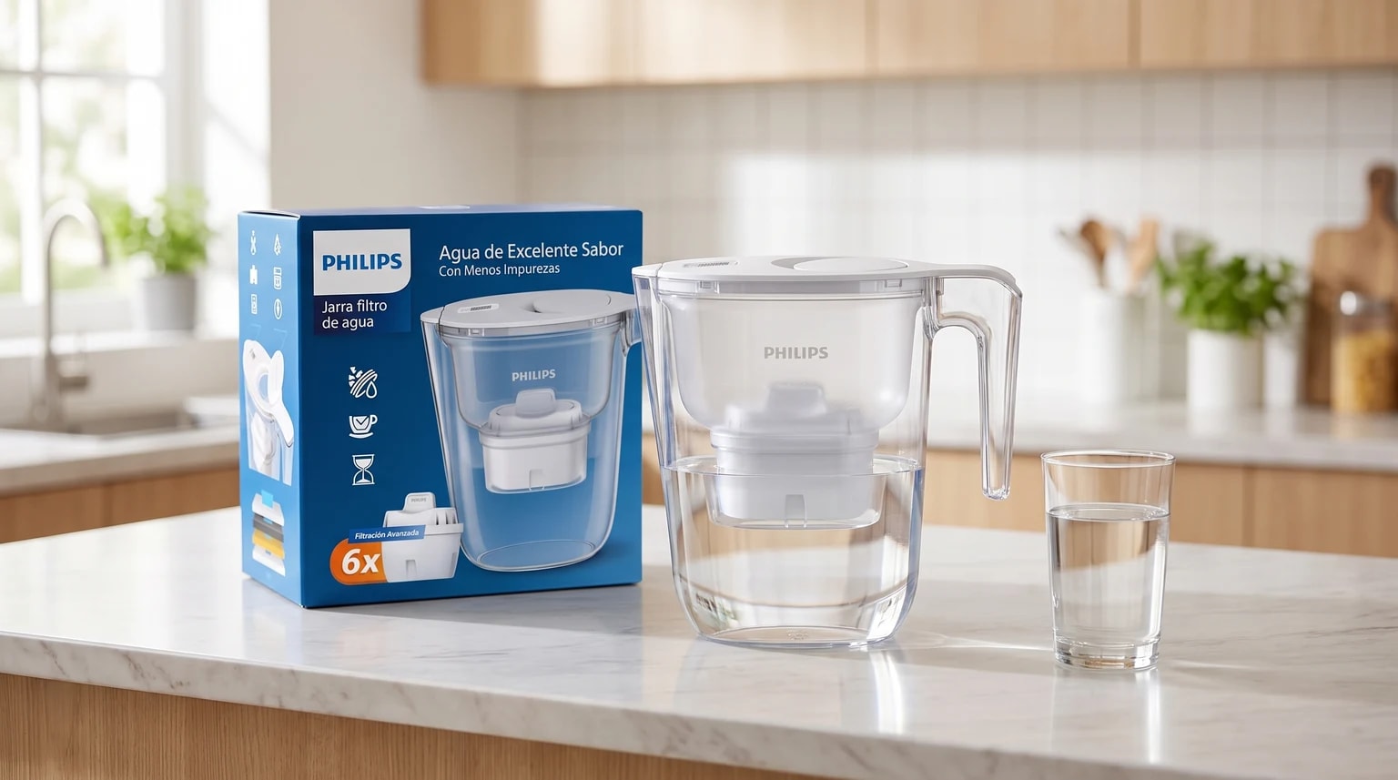 Jarro com filtro de água Philips junto à respetiva caixa, sobre uma bancada de cozinha em mármore, com um copo de água ao lado.