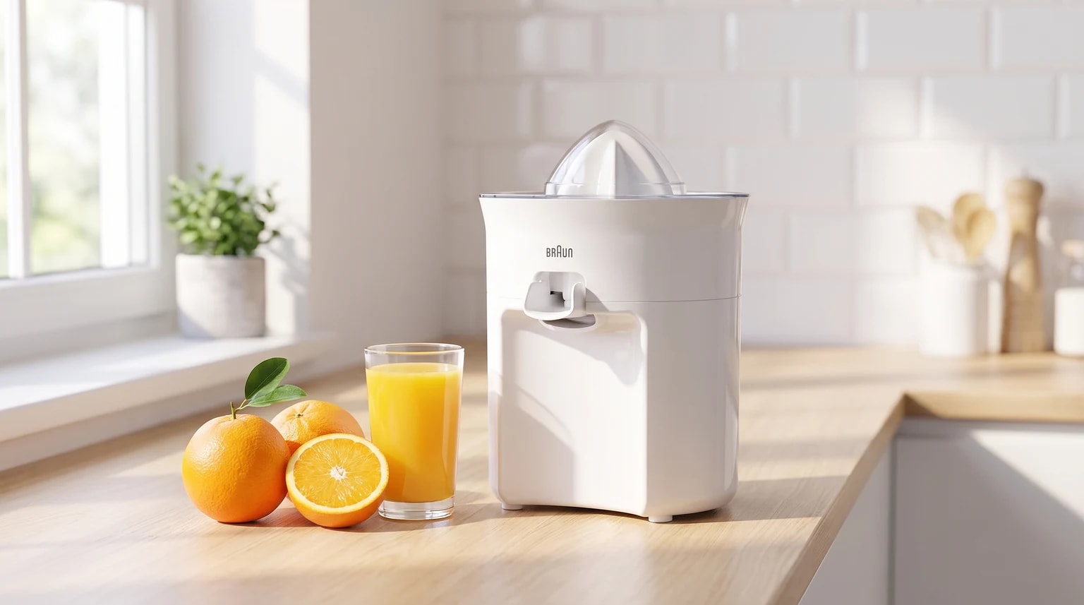 Um espremedor de citrinos elétrico branco da Braun numa bancada de cozinha soalheira, ao lado de um copo de sumo e de laranjas frescas.