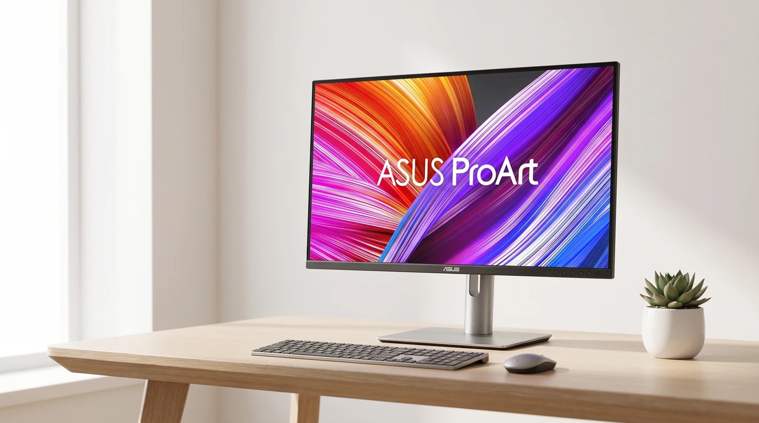 O monitor ASUS ProArt numa secretária de madeira clara, acompanhado por um teclado, um rato e uma pequena planta suculenta.