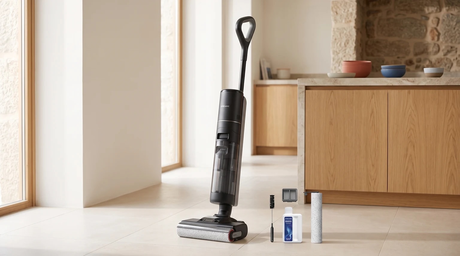 Aspirador Dreame H12 Pro Ultra preto, com rolo e acessórios, num pavimento de cerâmica claro de uma cozinha luminosa.