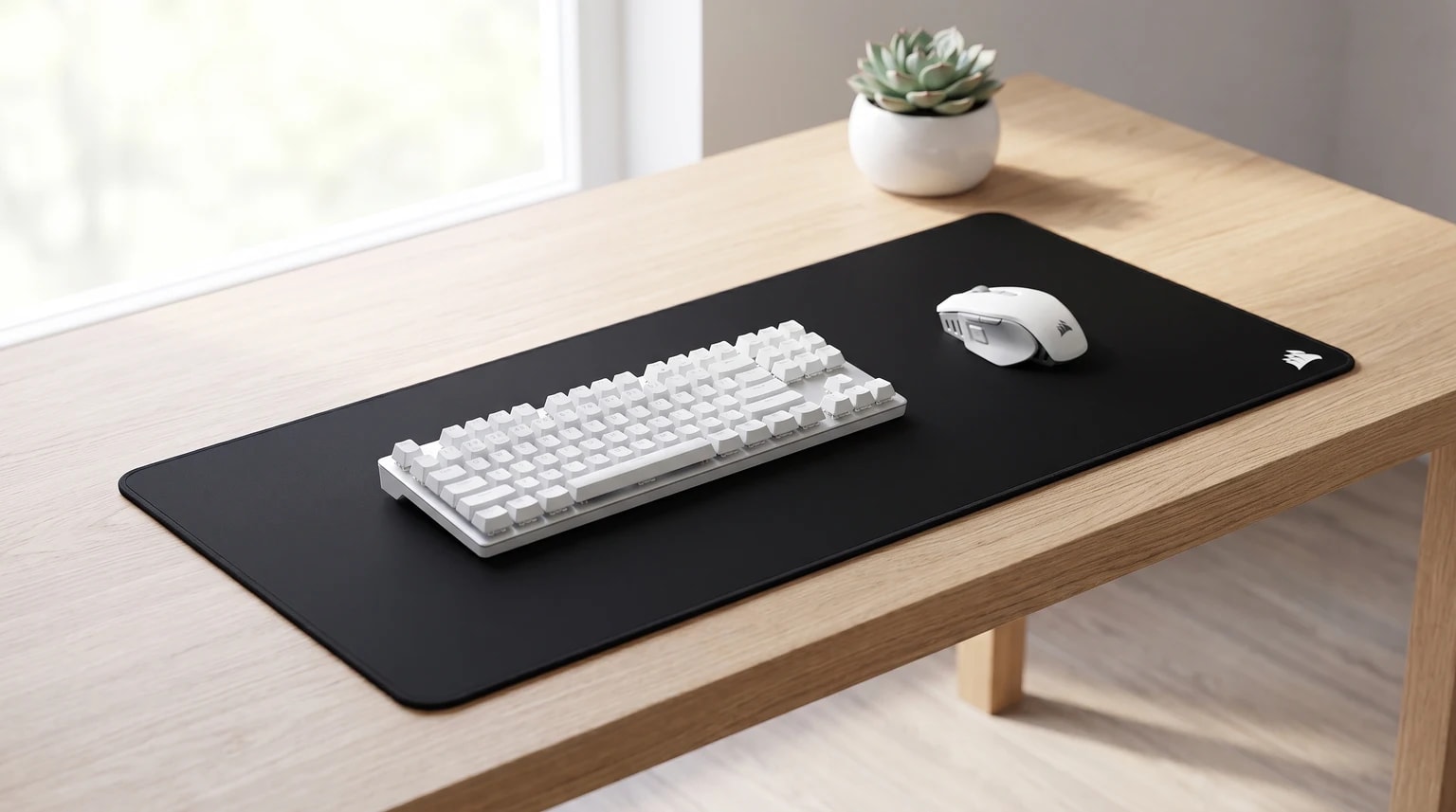 Corsair MM350 Pro preto e comprido sobre uma secretária de madeira clara, com um teclado e um rato brancos por cima.