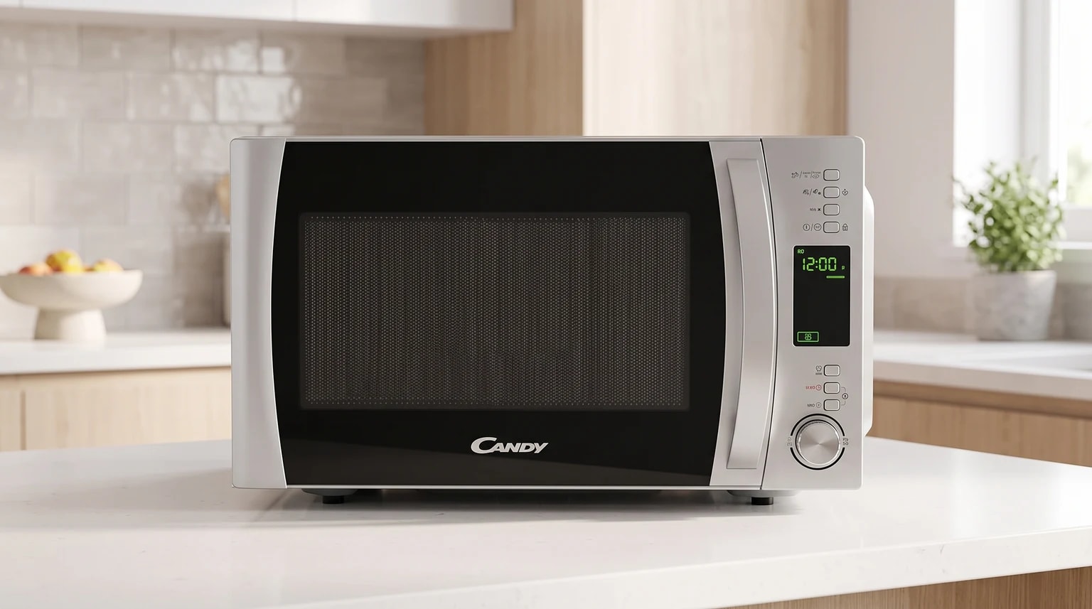 Micro-ondas Candy prateado com porta preta, pousado numa bancada de cozinha branca e moderna.