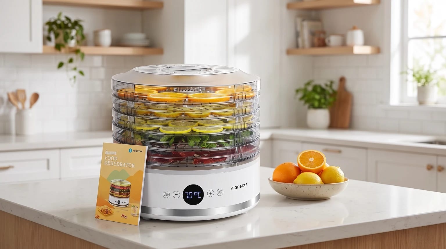 Um desidratador de alimentos numa bancada de cozinha, com tabuleiros transparentes empilhados e cheios de fatias de laranja, kiwi e limão.