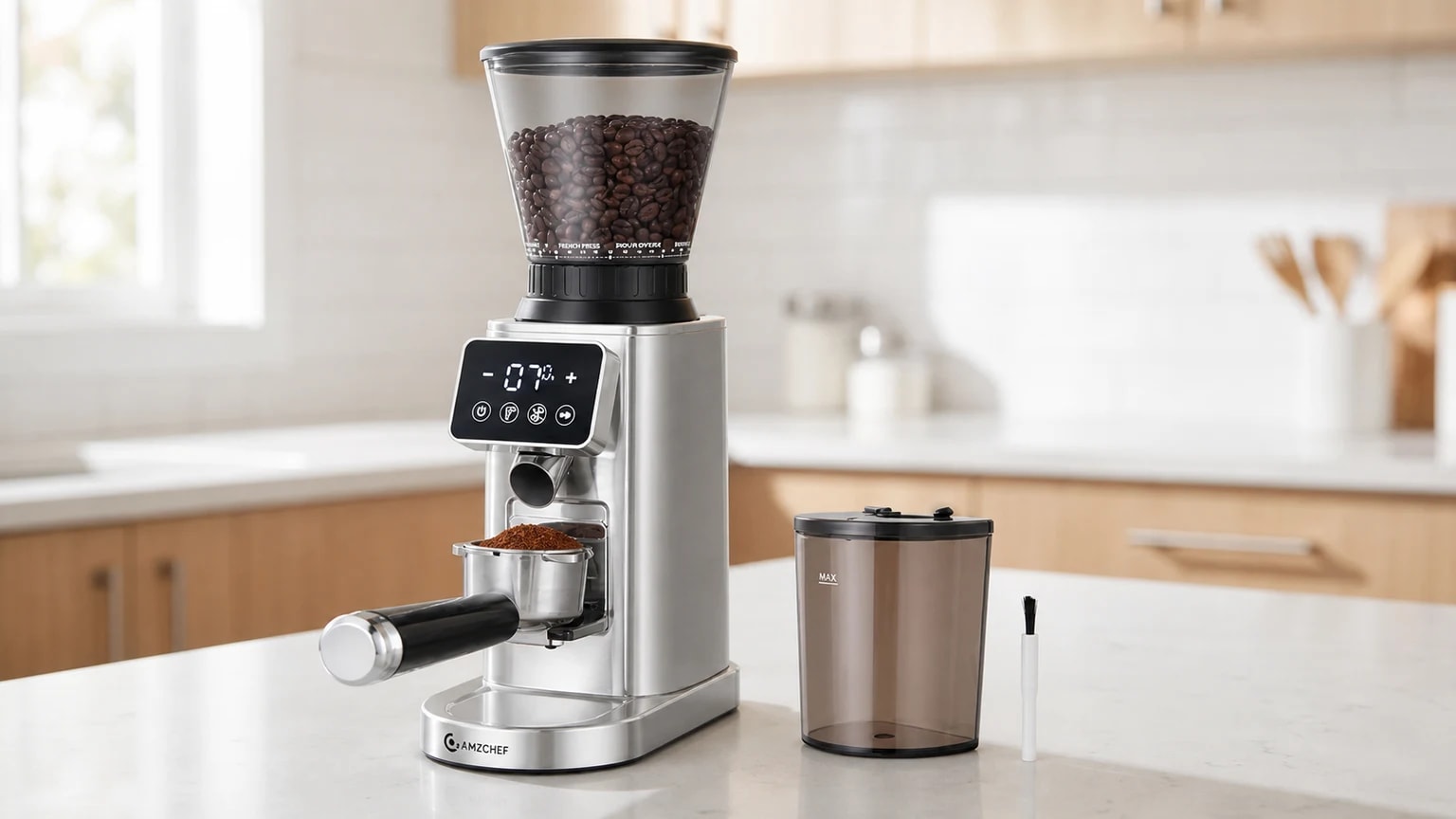 Moinho de café AMZCHEF em aço inoxidável com porta-filtro, recipiente e escova numa bancada de cozinha clara.