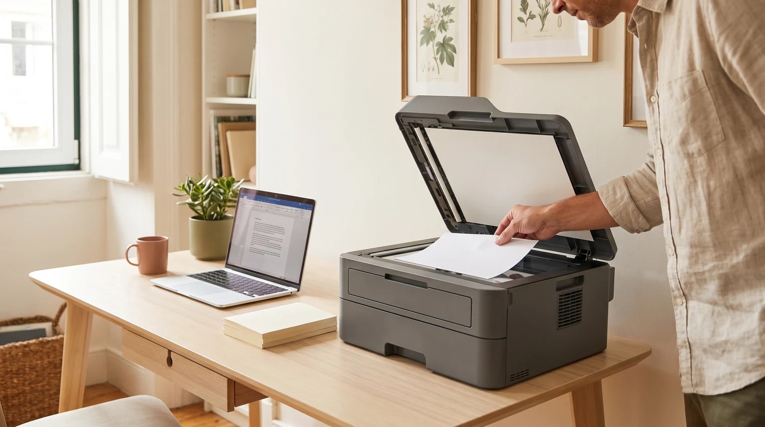 Um homem coloca uma folha de papel no scanner de uma impressora multifunções, numa secretária em casa.