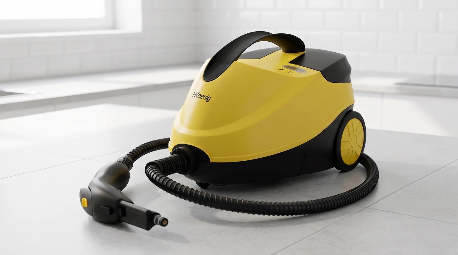 Máquina de limpeza a vapor amarela e preta com rodas, pousada numa bancada de cozinha com azulejos brancos.