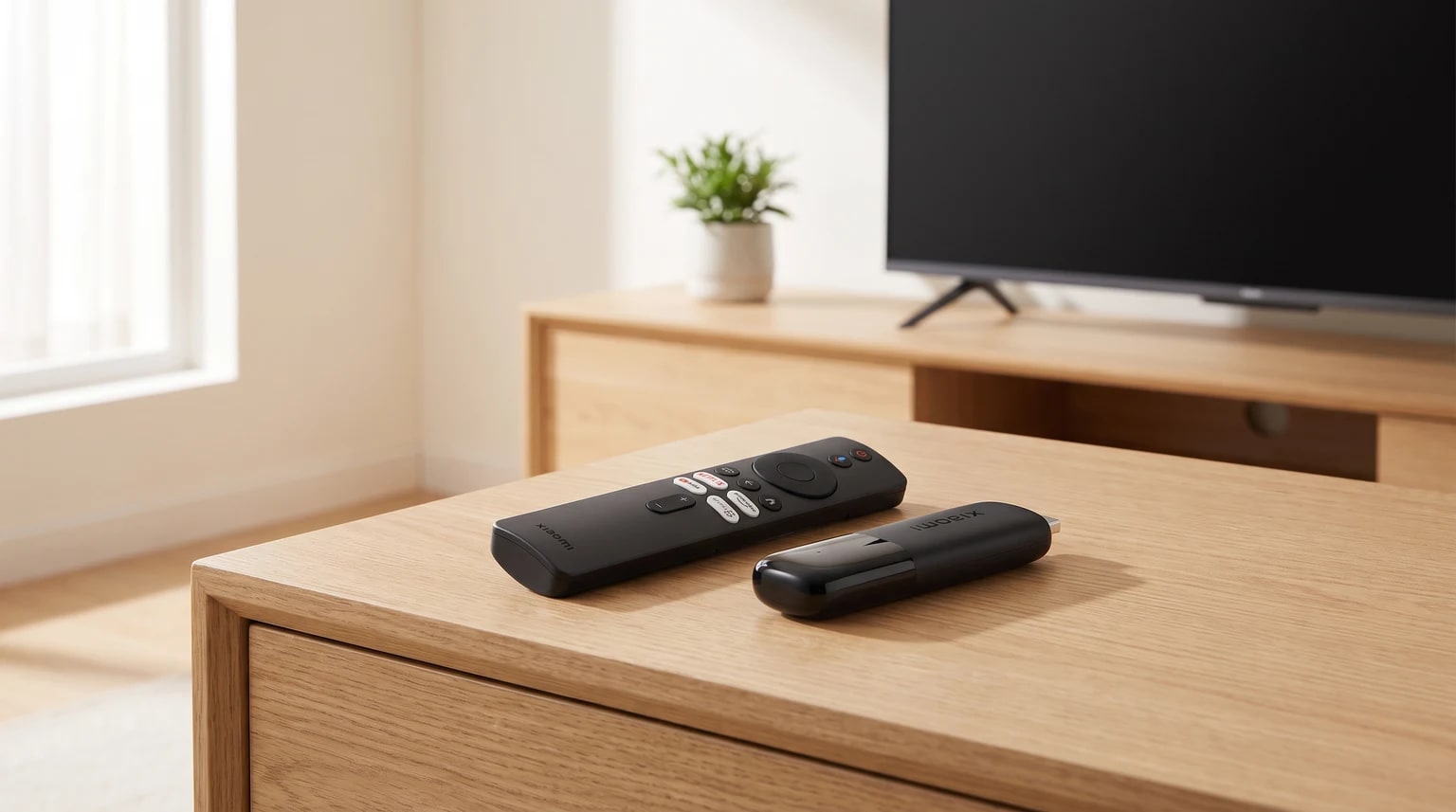 O Xiaomi TV Stick 4K e o comando pousados num móvel de madeira clara, diante de uma televisão desligada.