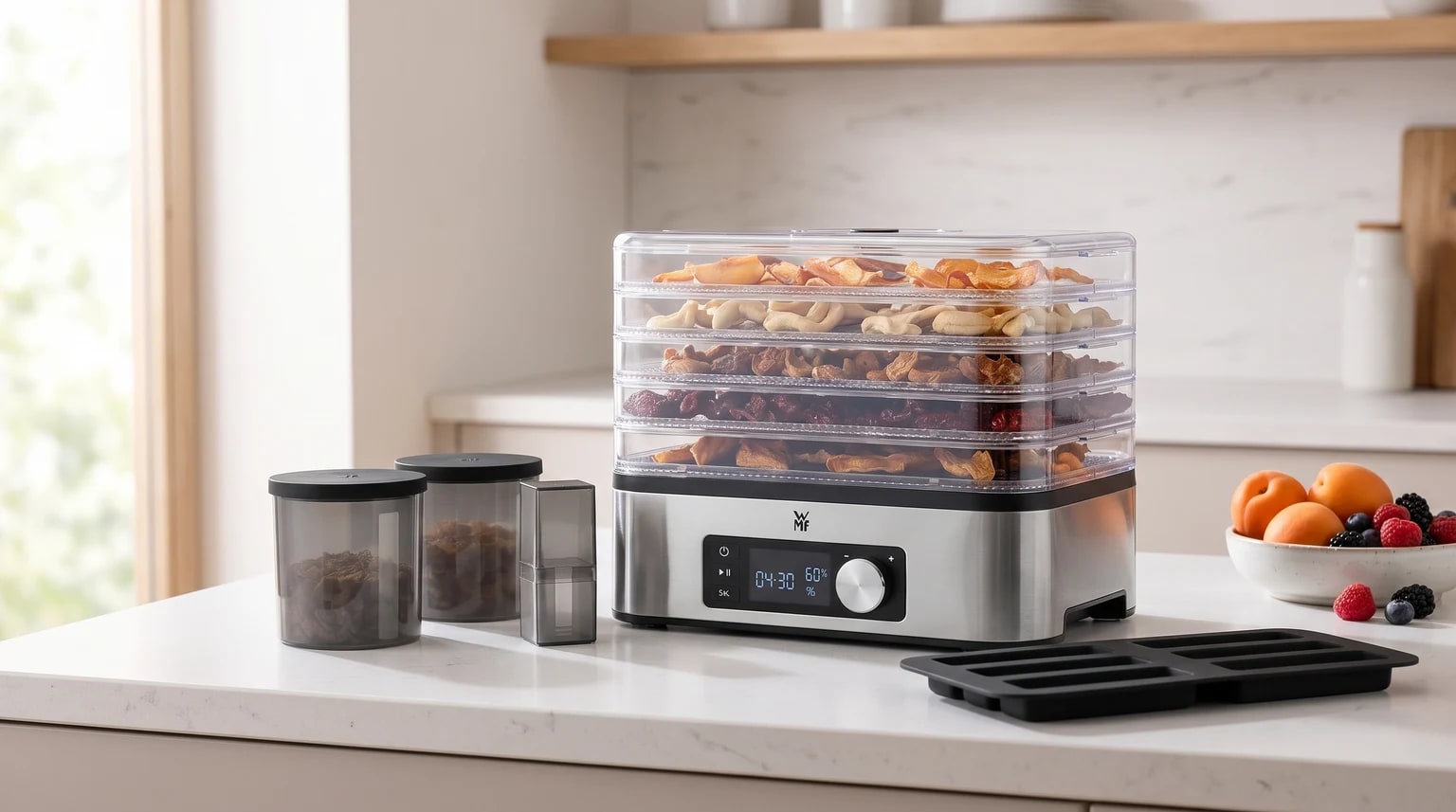 Um desidratador de alimentos com base em inox e tabuleiros transparentes cheios de fruta, numa bancada de cozinha ao lado de recipientes e uma taça de fruta fresca.
