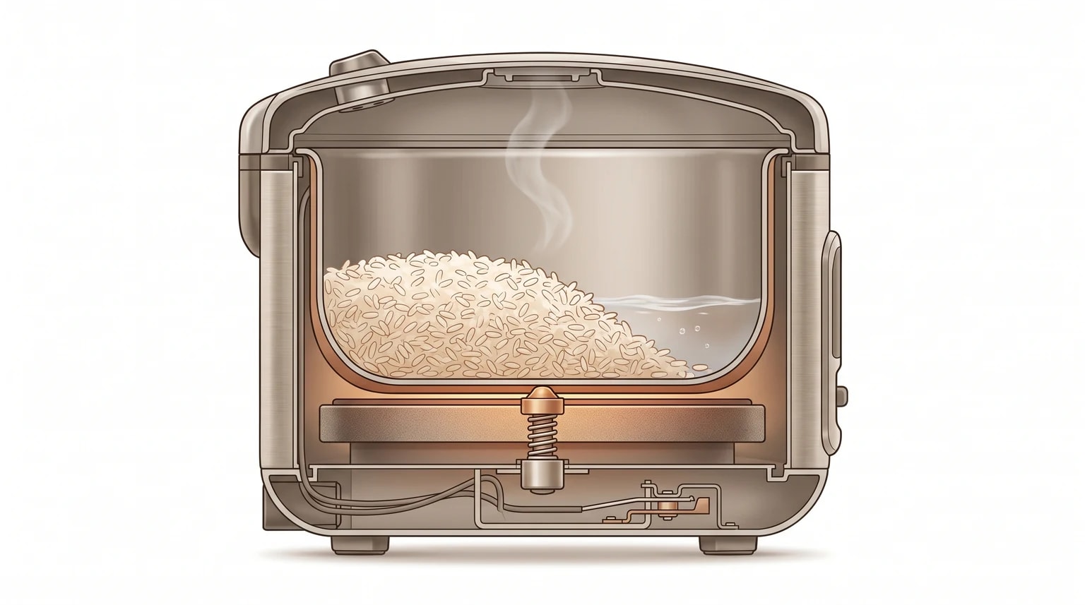 Ilustração simplificada do aquecimento e do sensor numa panela elétrica de arroz básica.