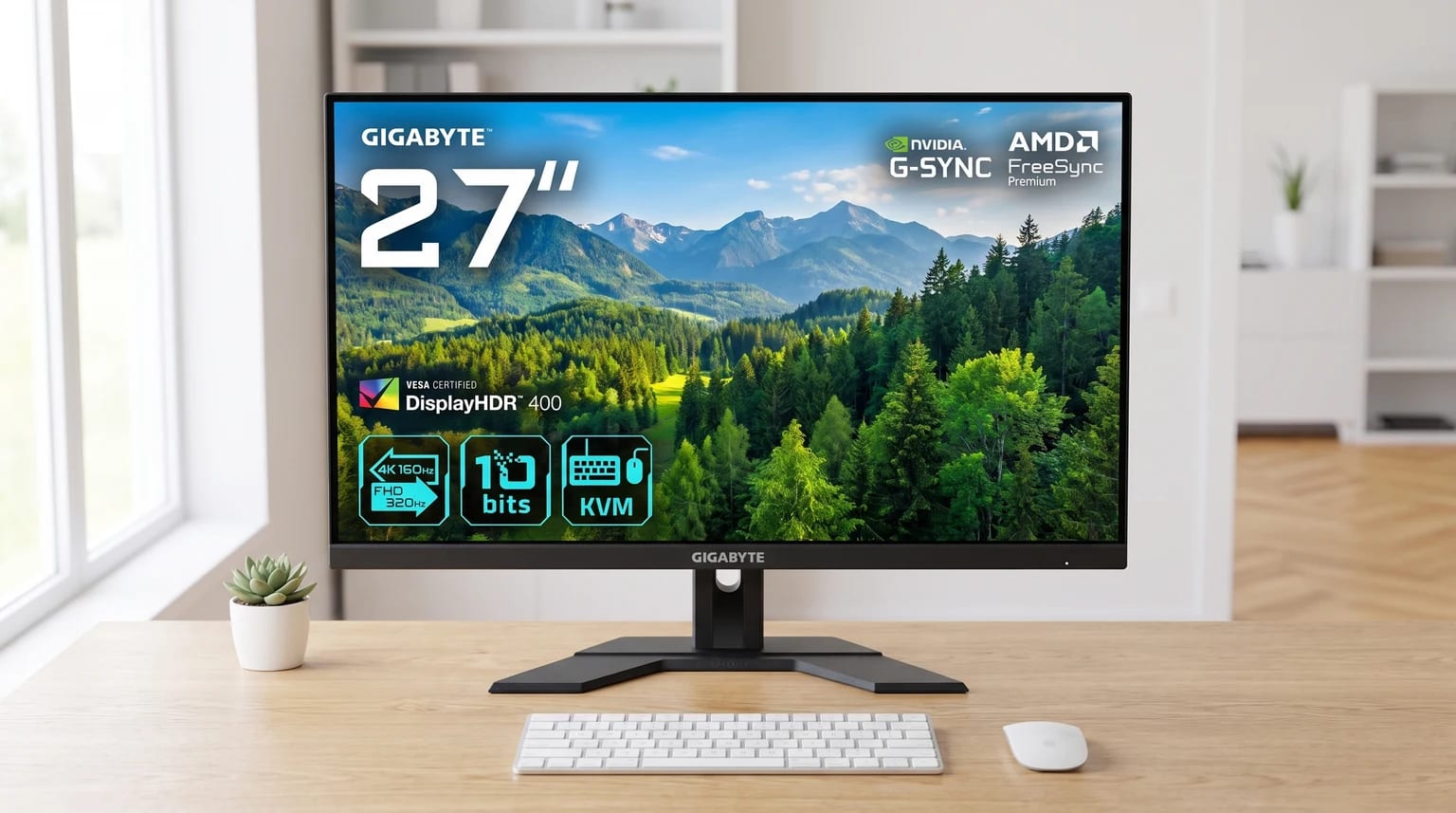 O monitor Gigabyte de 27 polegadas numa secretária de madeira, a exibir uma paisagem montanhosa, com um teclado e rato à sua frente.