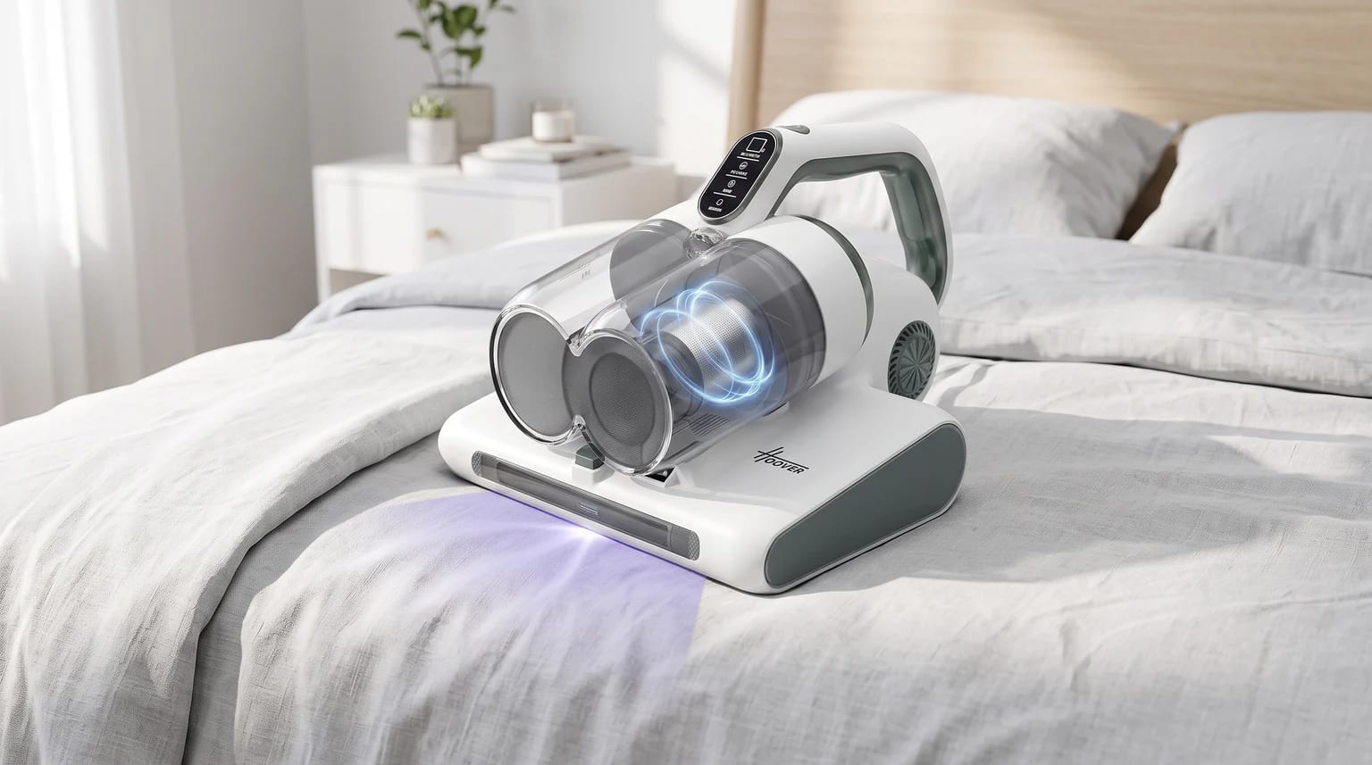 Aspirador de colchões Hoover HMC5 branco e cinzento sobre uma cama num quarto luminoso.