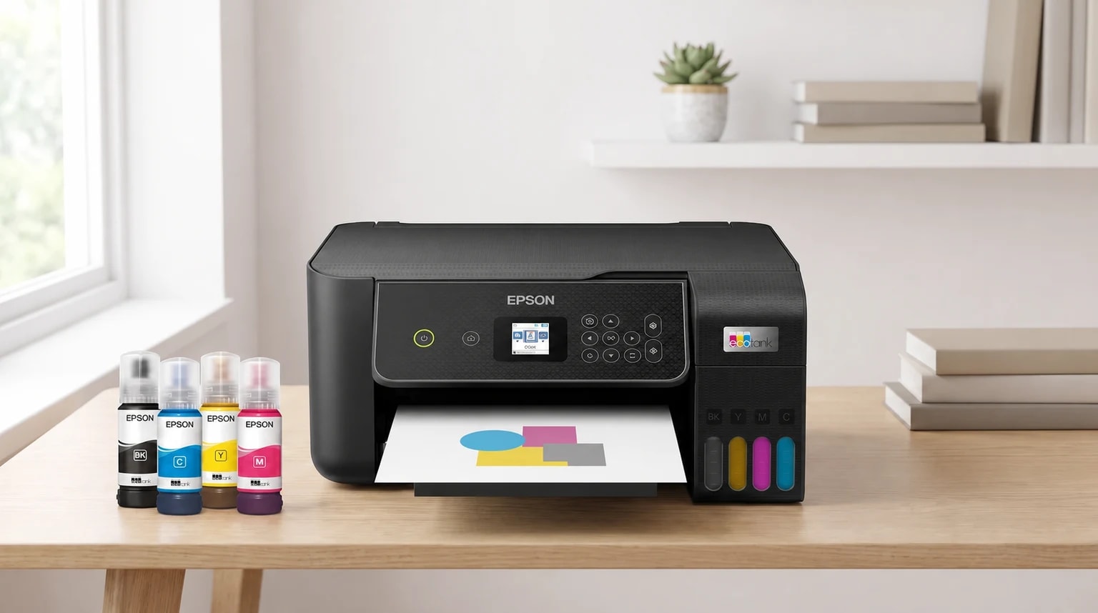 Impressora multifunções Epson EcoTank ET-2870 preta numa secretária de madeira, com quatro frascos de tinta ao lado e uma folha com formas coloridas.