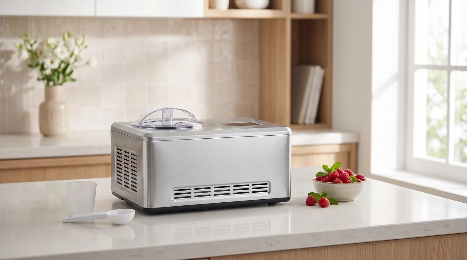 Máquina de fazer gelados Severin EZ 7406 prateada numa bancada de cozinha, junto a framboesas e acessórios.