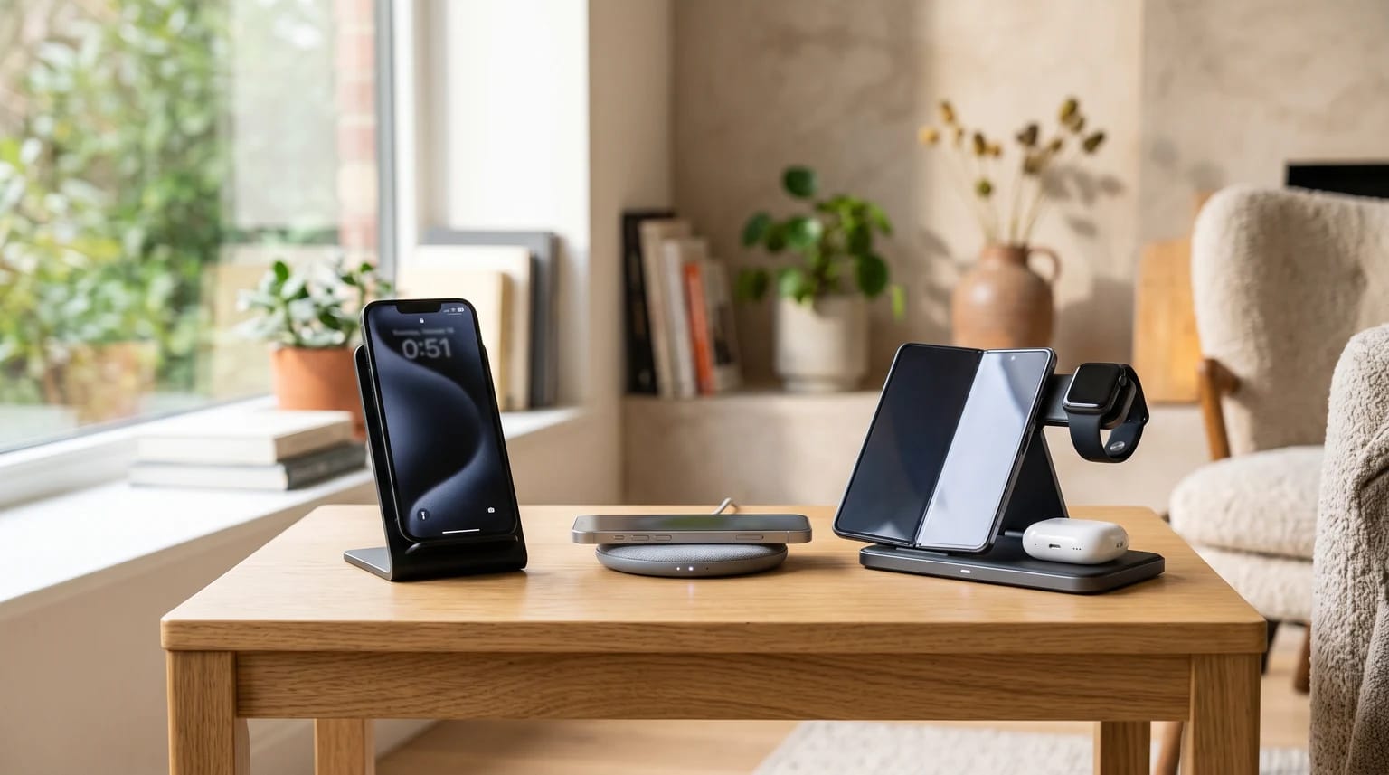 Três carregadores sem fios diferentes numa mesa de madeira, com vários telemóveis, um relógio e auriculares a carregar.