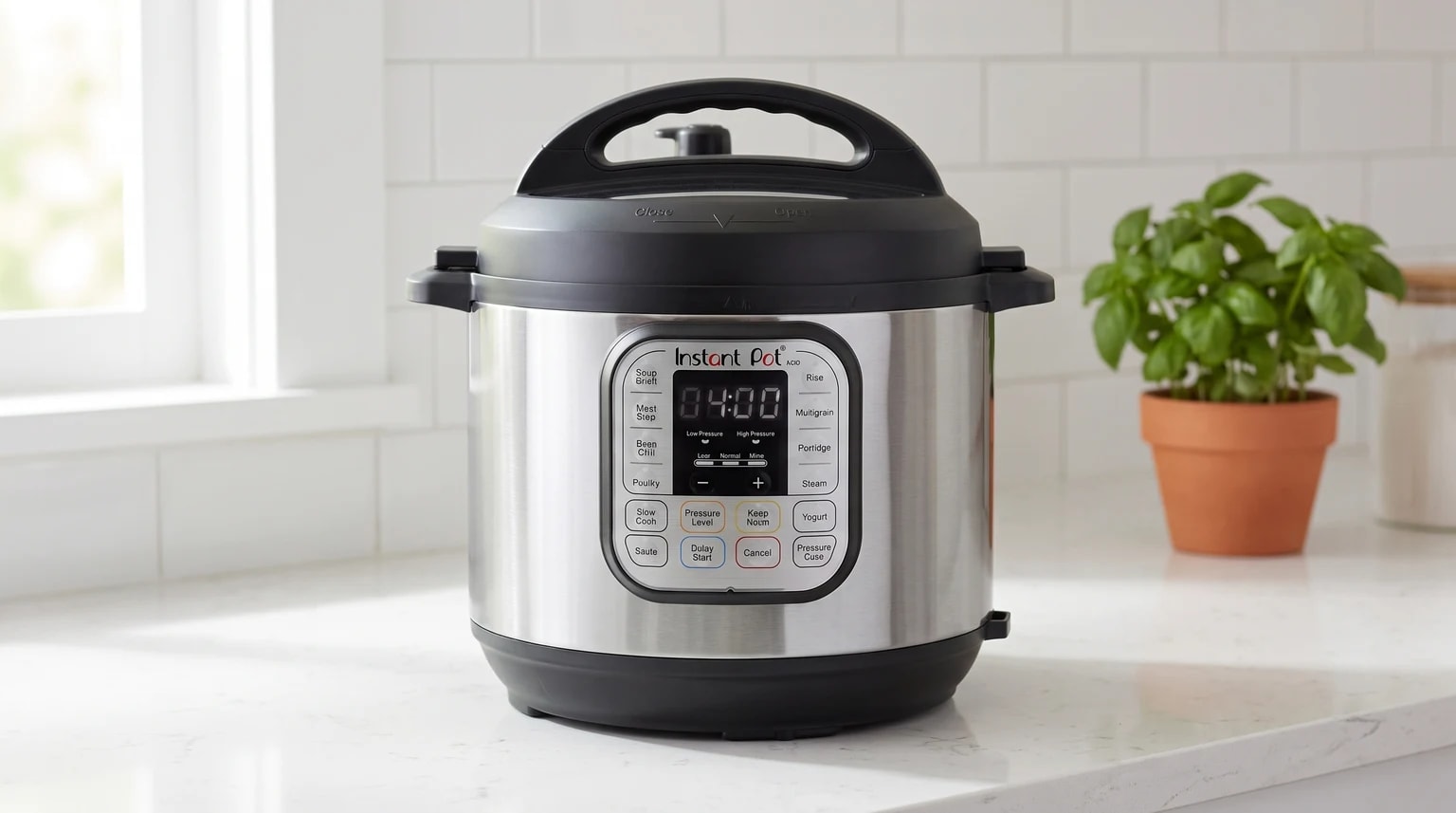 Uma panela de pressão elétrica Instant Pot em aço inoxidável sobre uma bancada de cozinha branca, com um vaso de manjericão ao fundo.
