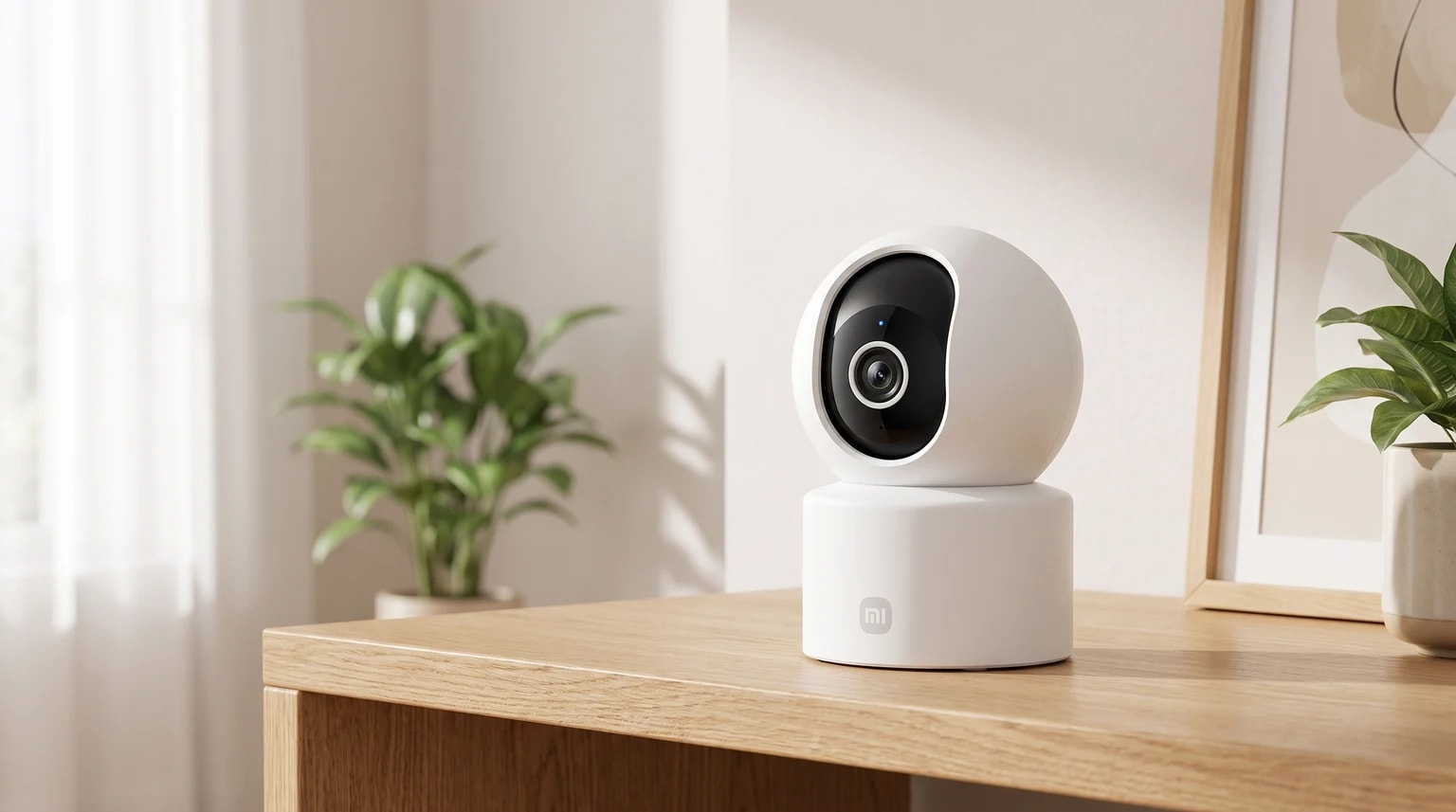 Câmara de vigilância Wi-Fi Xiaomi C302 numa prateleira de madeira clara, numa sala luminosa com plantas.
