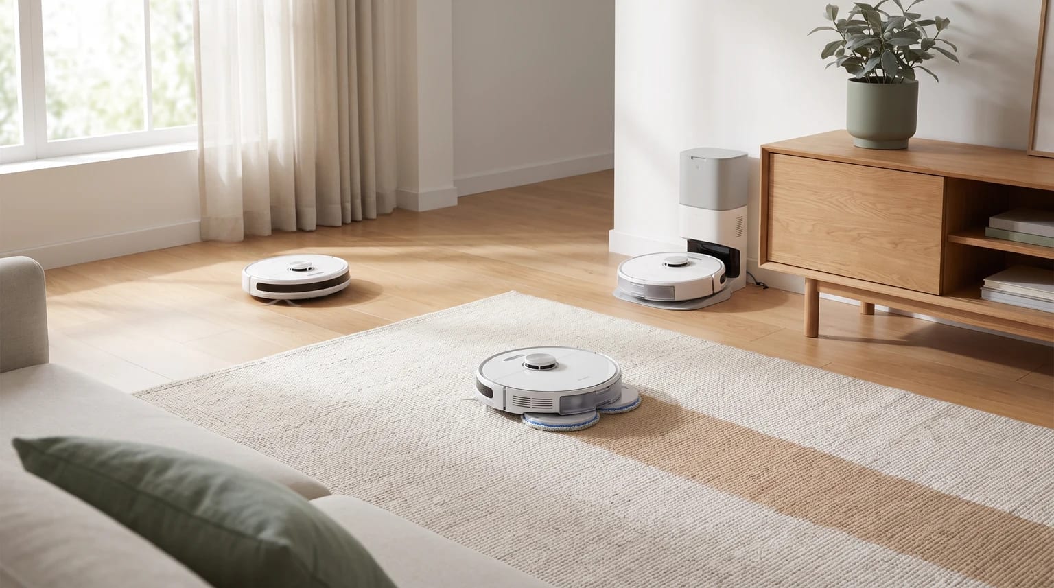 Três aspiradores robot brancos numa sala de estar, um num tapete, outro no chão de madeira e um terceiro junto à sua base de carregamento.