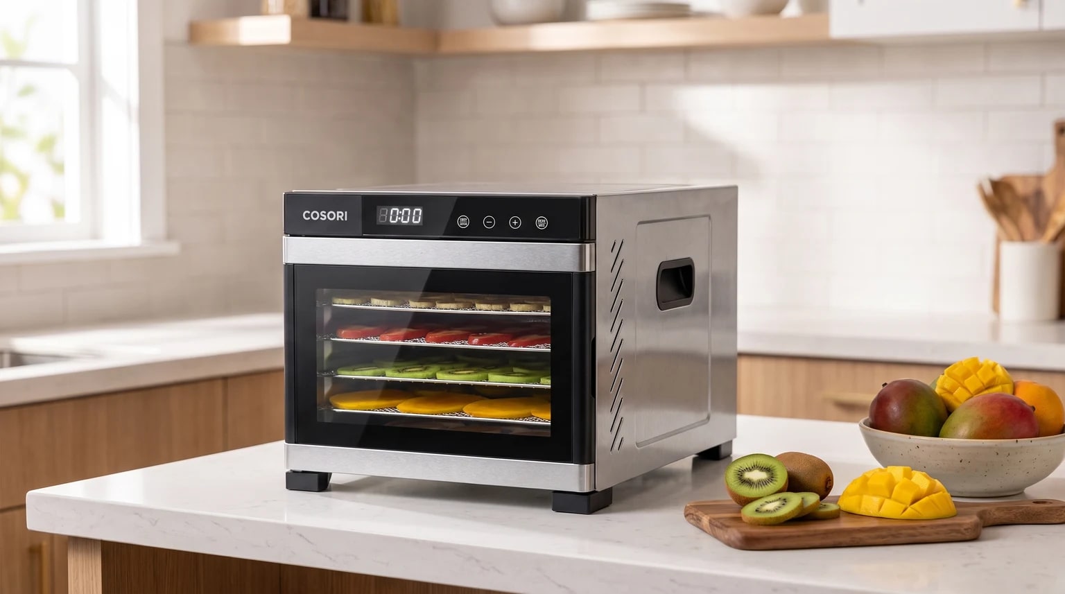 Um desidratador de alimentos Cosori em aço inoxidável sobre uma bancada de cozinha, com fatias de fruta colorida a secar nos tabuleiros.