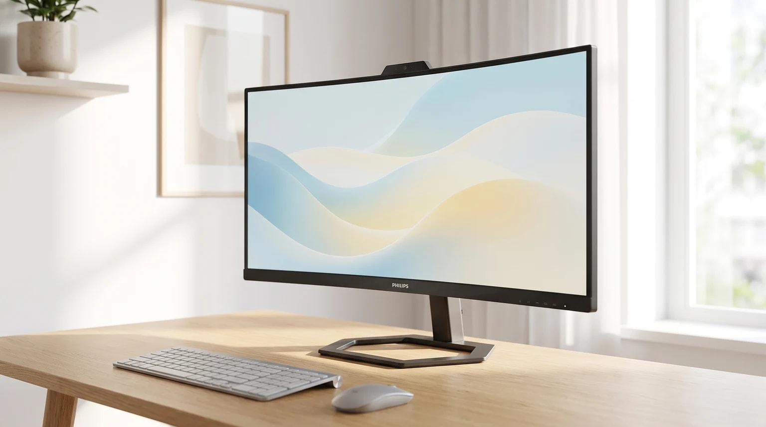 Monitor ultrawide curvo Philips com webcam numa secretária de madeira clara, junto a um teclado e rato.