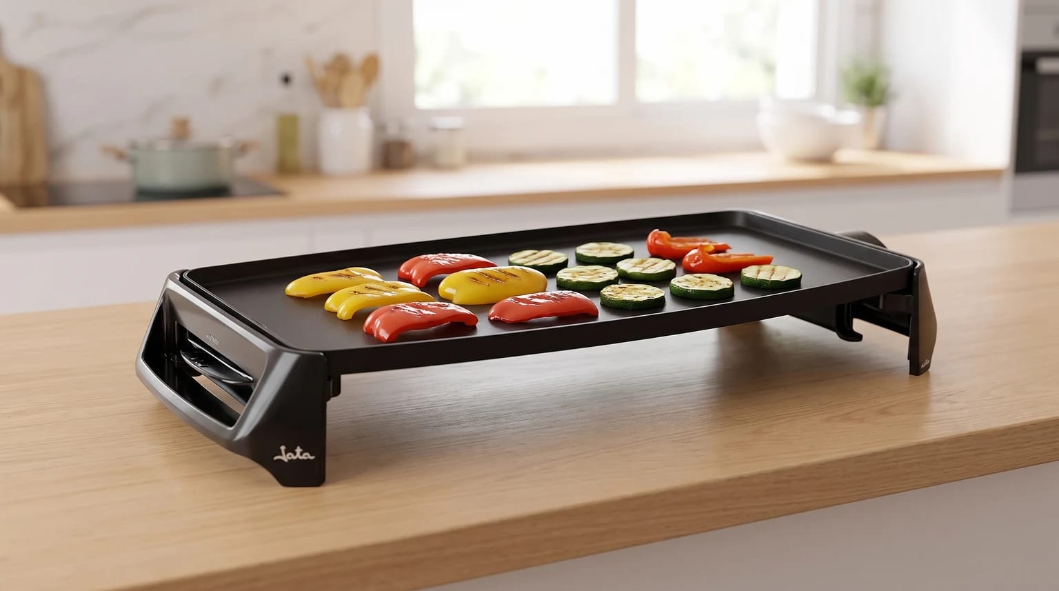 Grelhador elétrico preto numa bancada de cozinha com fatias de pimento e courgette a grelhar na superfície.