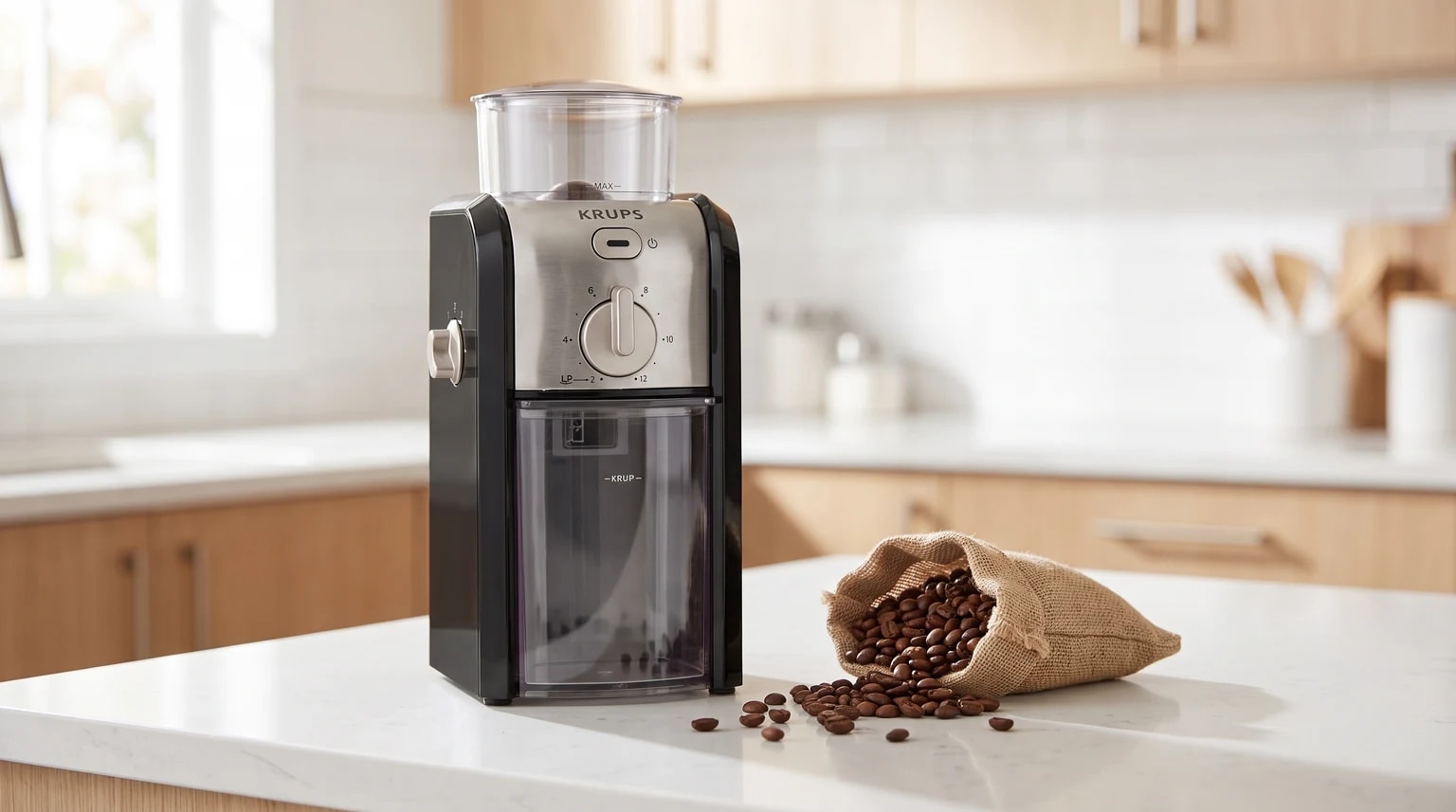 Um moinho de café KRUPS preto e prateado numa bancada de cozinha, ao lado de um pequeno saco de serapilheira com grãos de café espalhados.