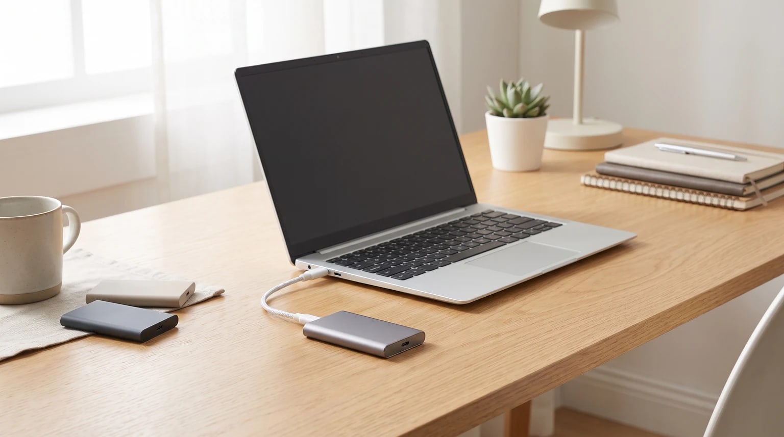 Um SSD externo cinzento ligado a um computador portátil sobre uma secretária de madeira, ao lado de outras unidades e uma caneca.