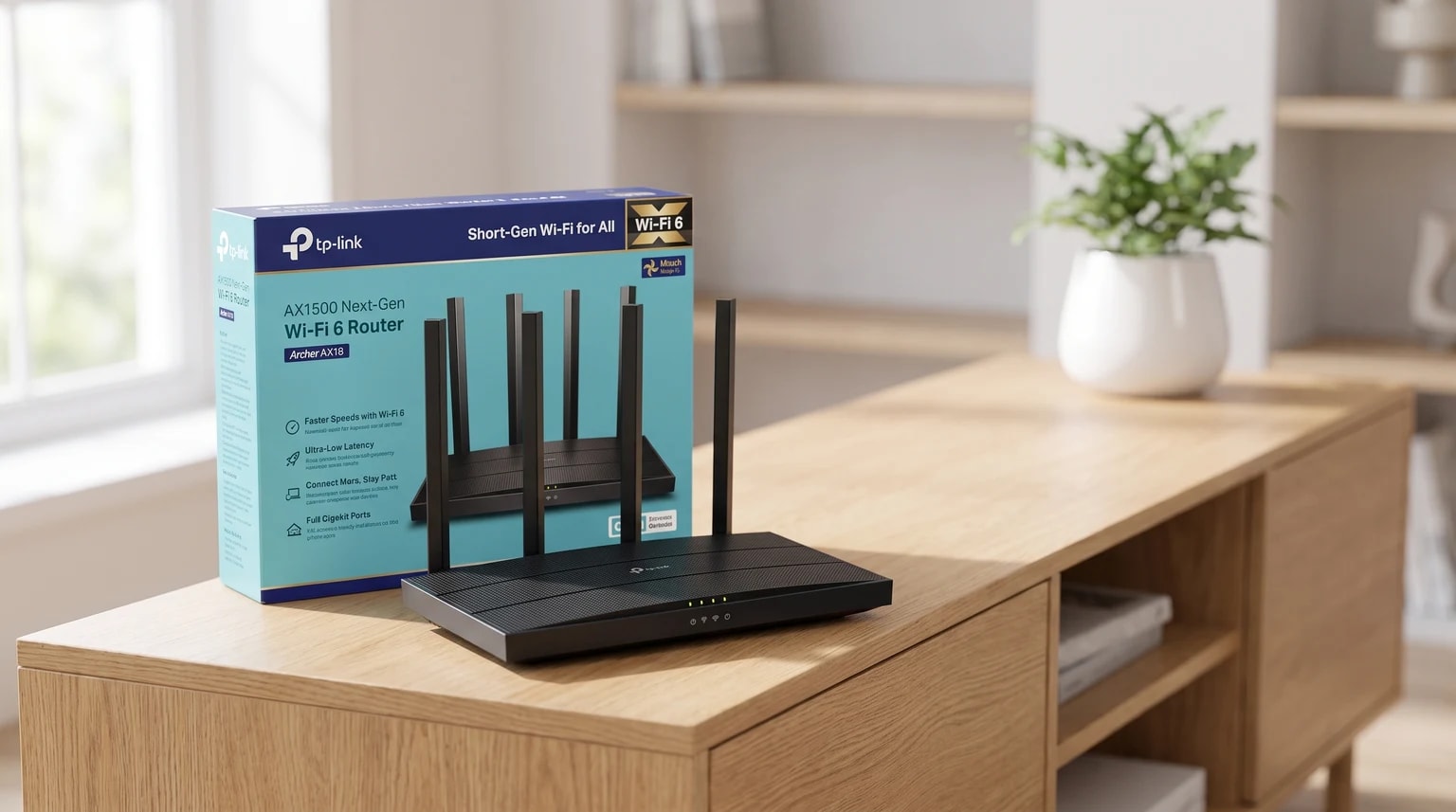 O router TP-Link Archer AX18 preto, com quatro antenas, pousado num móvel de madeira ao lado da sua caixa.