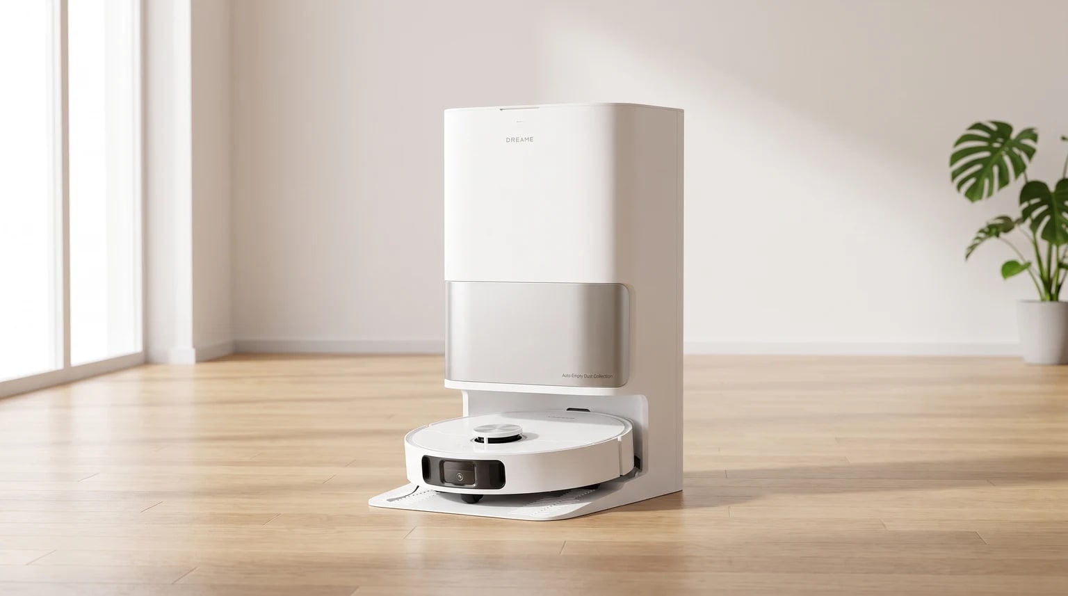 Aspirador robot DREAME L10s Ultra Gen 2 branco na base automática, num soalho de madeira clara numa sala luminosa.