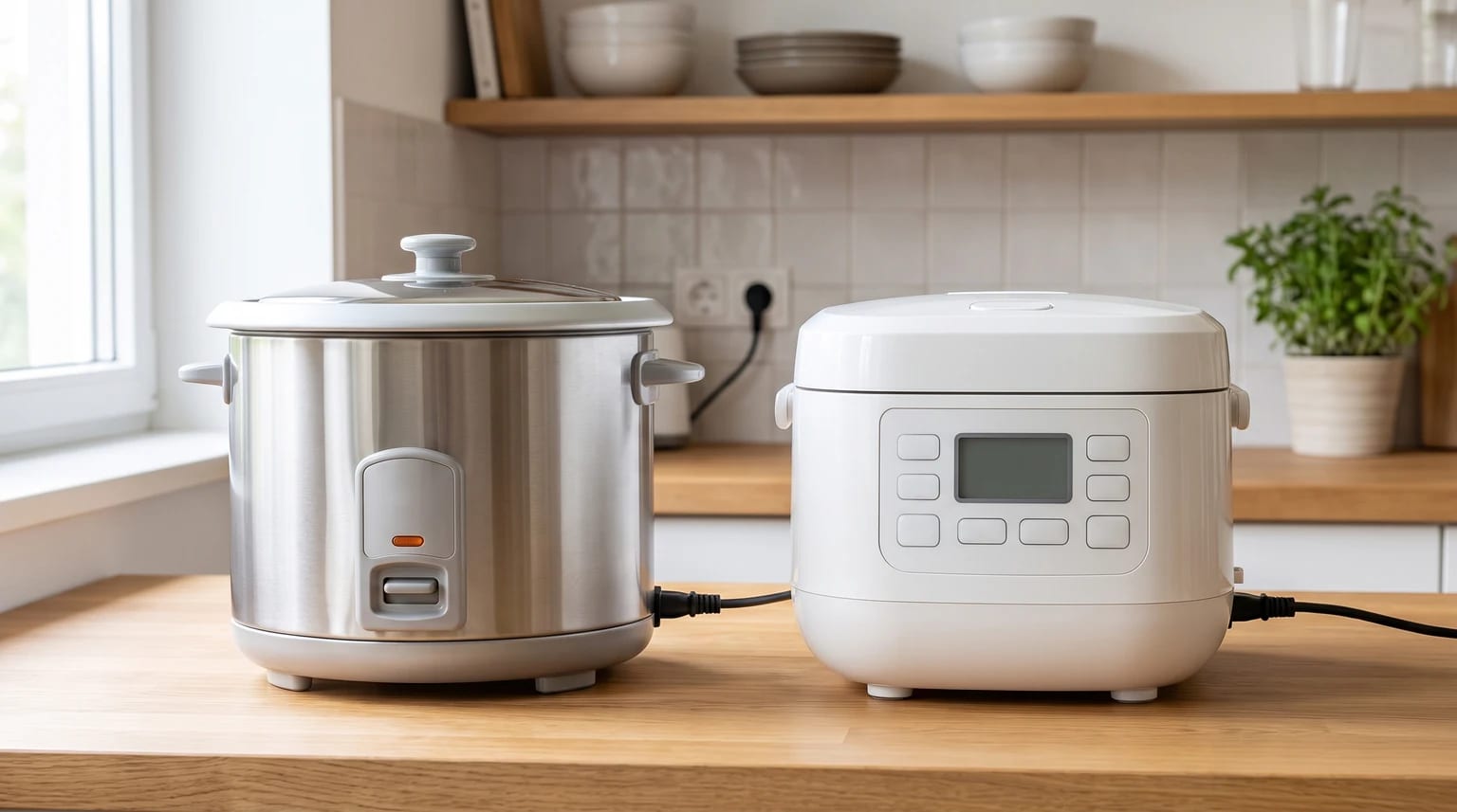Comandos de uma panela de arroz simples e de um modelo com programas eletrónicos.