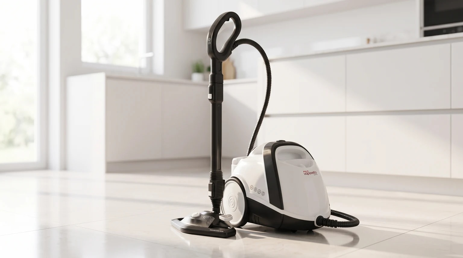 Uma máquina de limpeza a vapor branca e preta no chão de azulejo de uma cozinha moderna e luminosa.