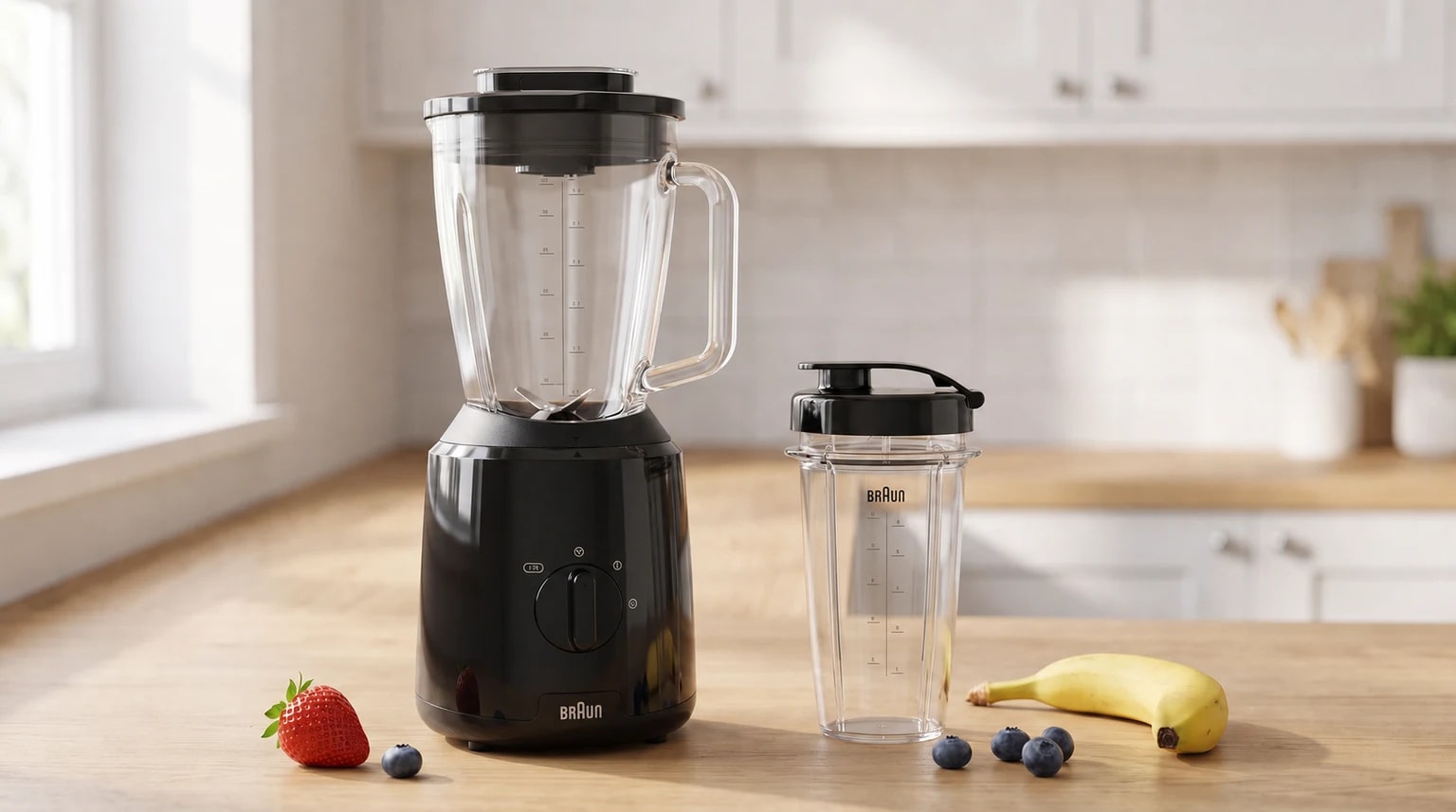 Liquidificador Braun preto com jarro de vidro e copo de viagem numa bancada de cozinha, ao lado de morangos, mirtilos e uma banana.