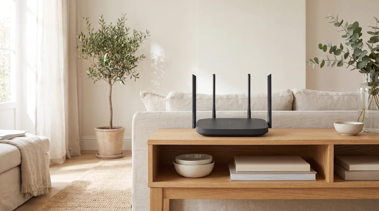 Um router preto com quatro antenas pousado numa consola de madeira clara, numa sala de estar luminosa com um sofá e plantas.
