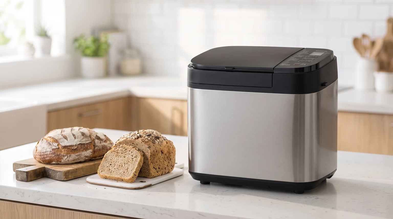 Máquina de pão Panasonic em aço inoxidável numa bancada de cozinha, ao lado de dois pães caseiros, um deles já fatiado.