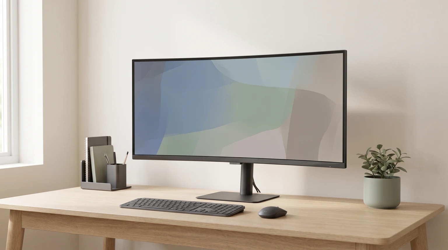 Monitor ultrawide curvo numa secretária de madeira clara, com teclado, rato, organizador e uma pequena planta.