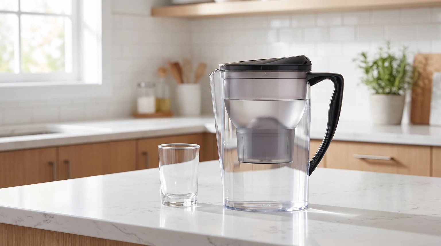 Um jarro com filtro de água transparente com tampa preta e um copo vazio ao lado, numa bancada de cozinha de mármore branco.