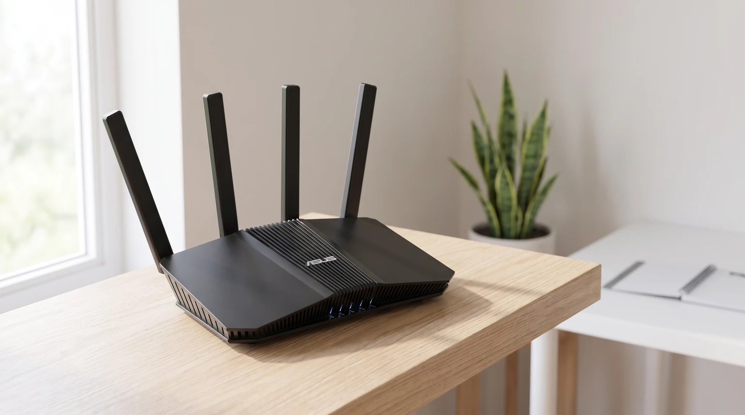 Um router Wi-Fi ASUS preto com quatro antenas, pousado sobre uma secretária de madeira clara junto a uma janela.