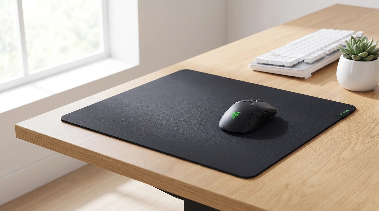 Razer Gigantus V2 preto numa secretária de madeira clara, com um rato gaming Razer, um teclado branco e uma pequena suculenta.