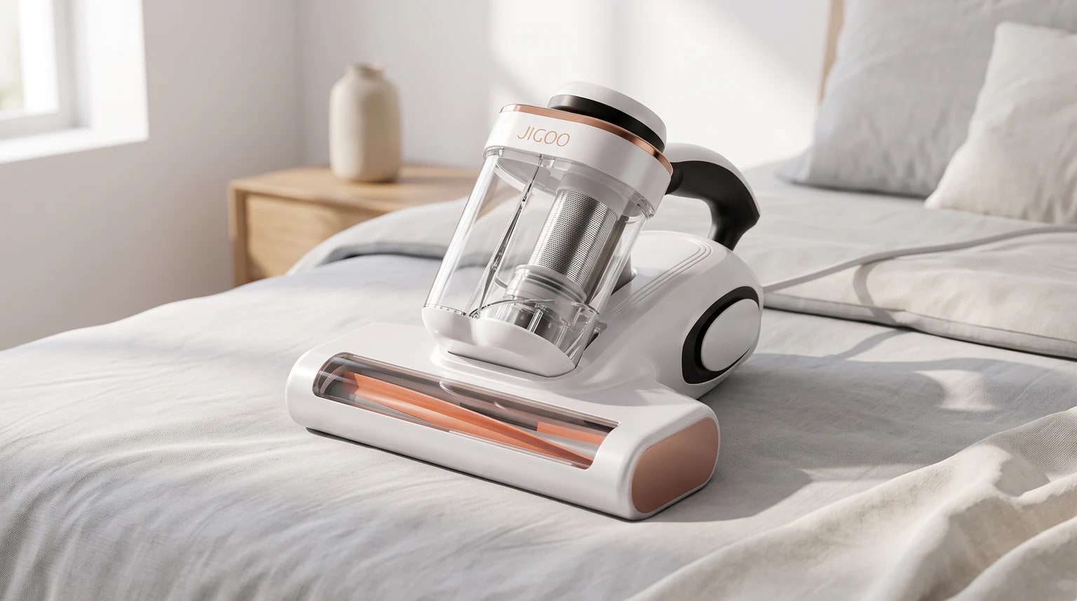 Aspirador de colchões JIGOO J300 branco e ouro rosa sobre uma cama num quarto luminoso.