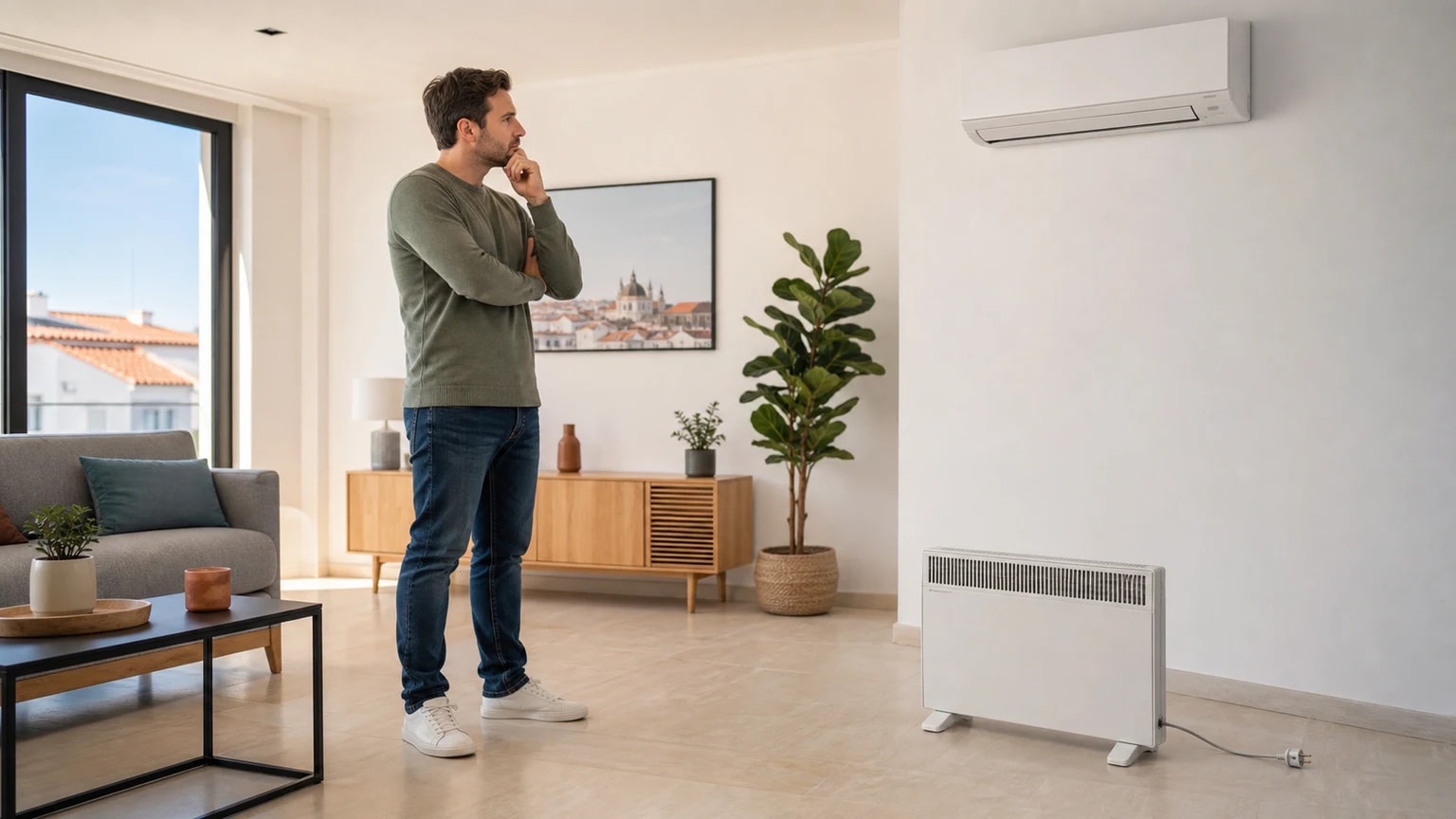 Pessoa a comparar um aquecedor portátil desligado com um ar condicionado de parede numa sala.