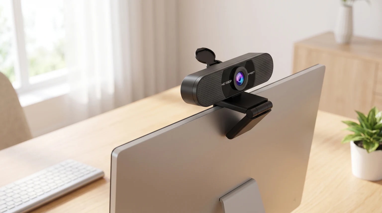 Uma webcam preta, com a tampa de privacidade aberta, montada no topo de um monitor numa secretária de madeira.