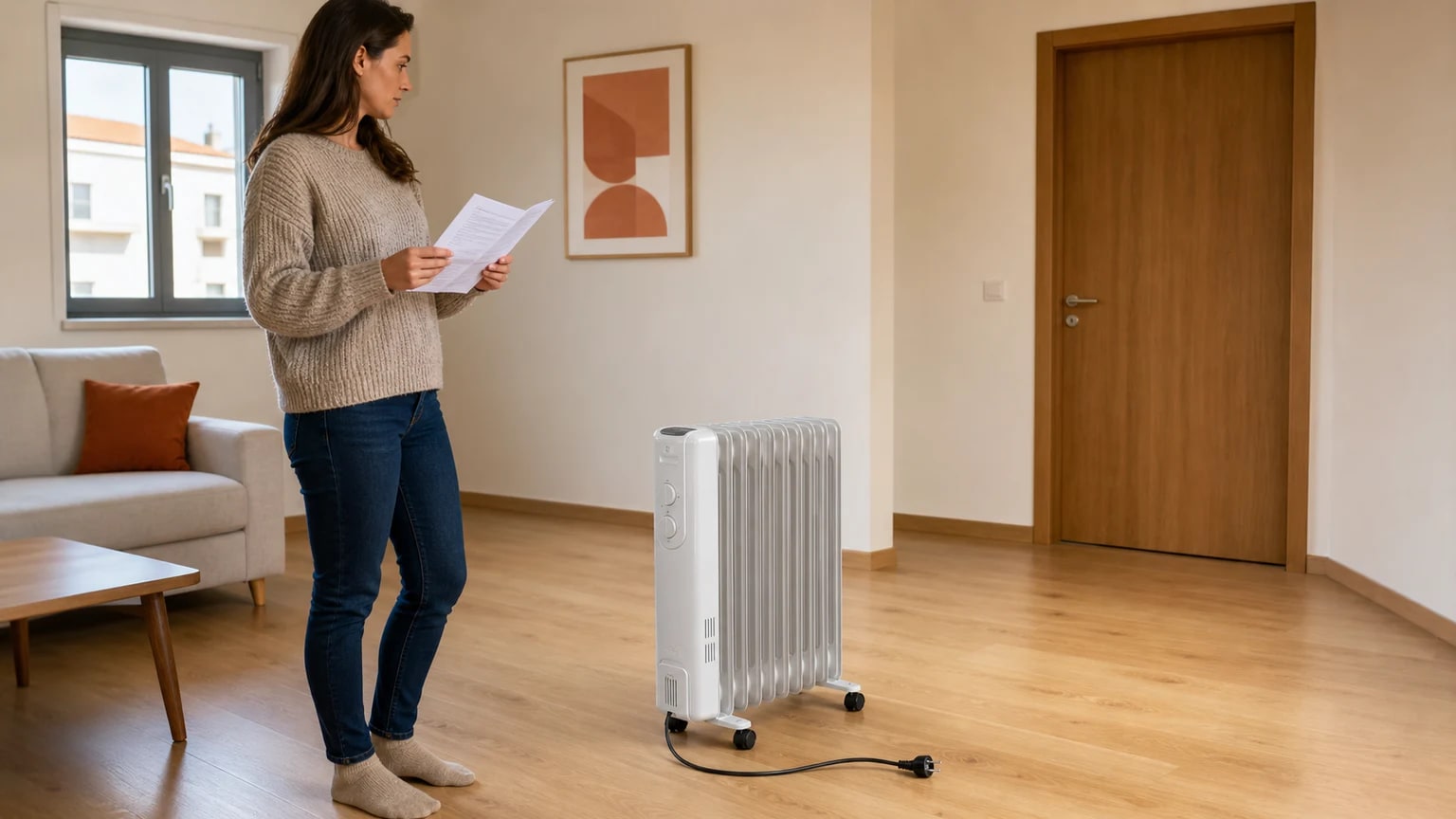 Pessoa a consultar o manual de um aquecedor elétrico enquanto avalia a divisão.