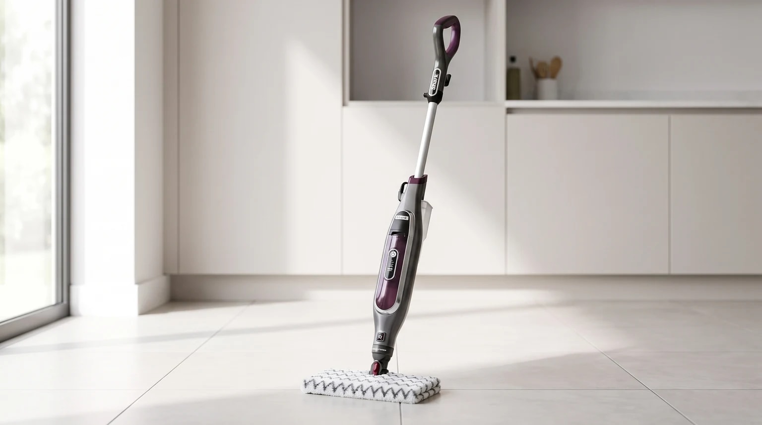Uma mopa a vapor Shark cinzenta e roxa, em pé, num chão de azulejos brancos de uma cozinha bem iluminada.