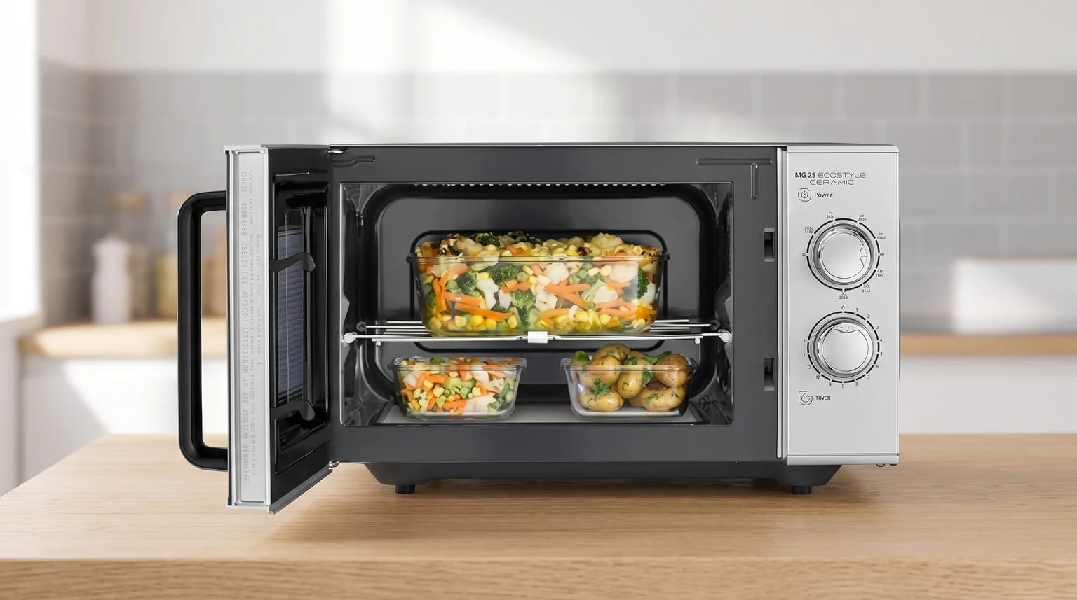 Micro-ondas prateado e preto com a porta aberta, mostrando recipientes de vidro com vegetais e batatas cozinhados numa grelha de dois níveis.